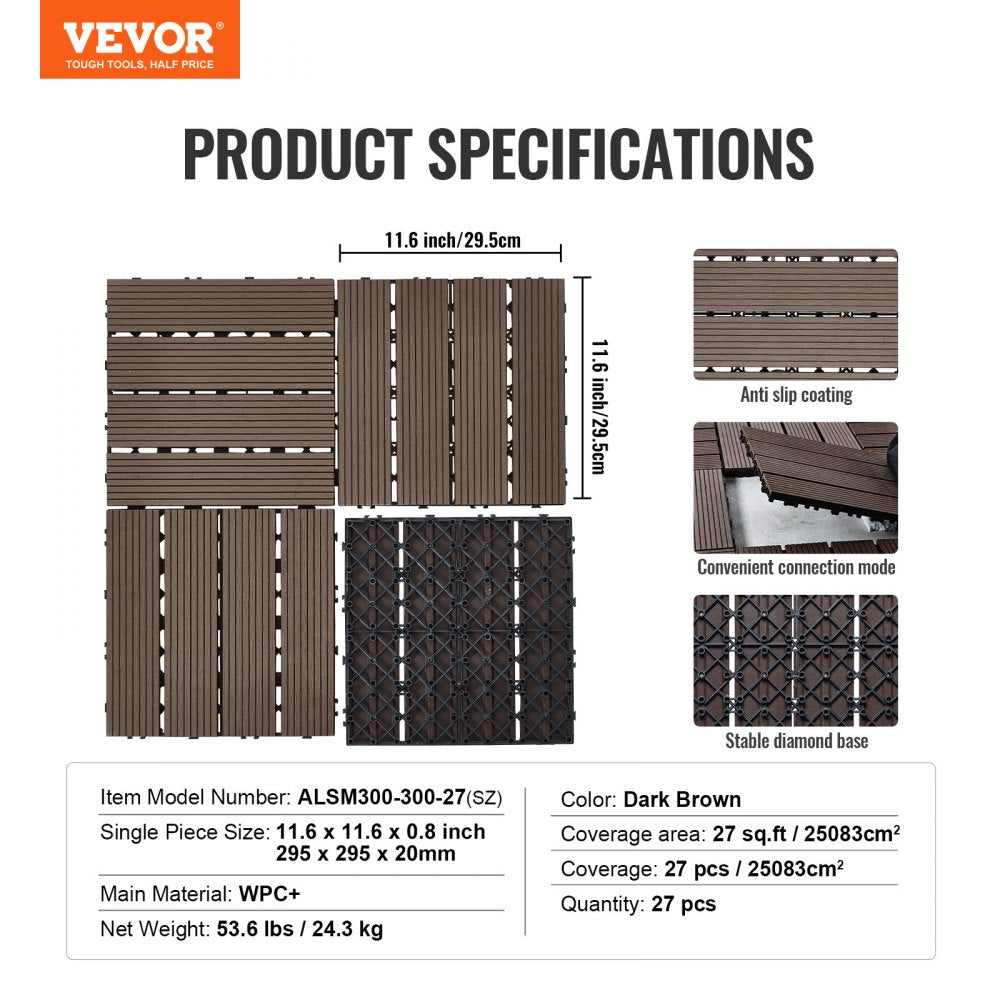 VEVOR Interlocking Deck Tiles Plastic Wood 27 Pack 12"x12" Waterproof for Porch