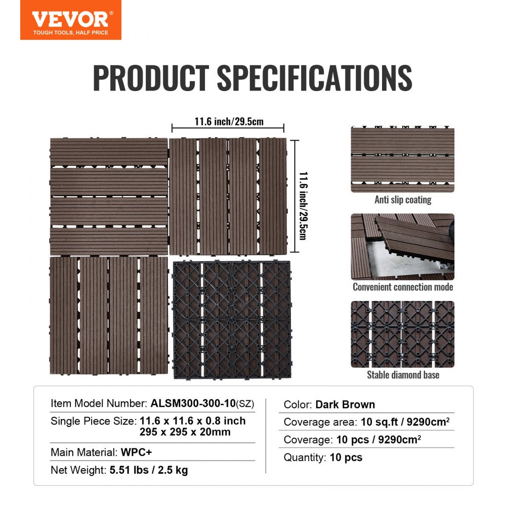 VEVOR Interlocking Deck Tiles Plastic Wood 10 Pack 12"x12" Waterproof for Porch
