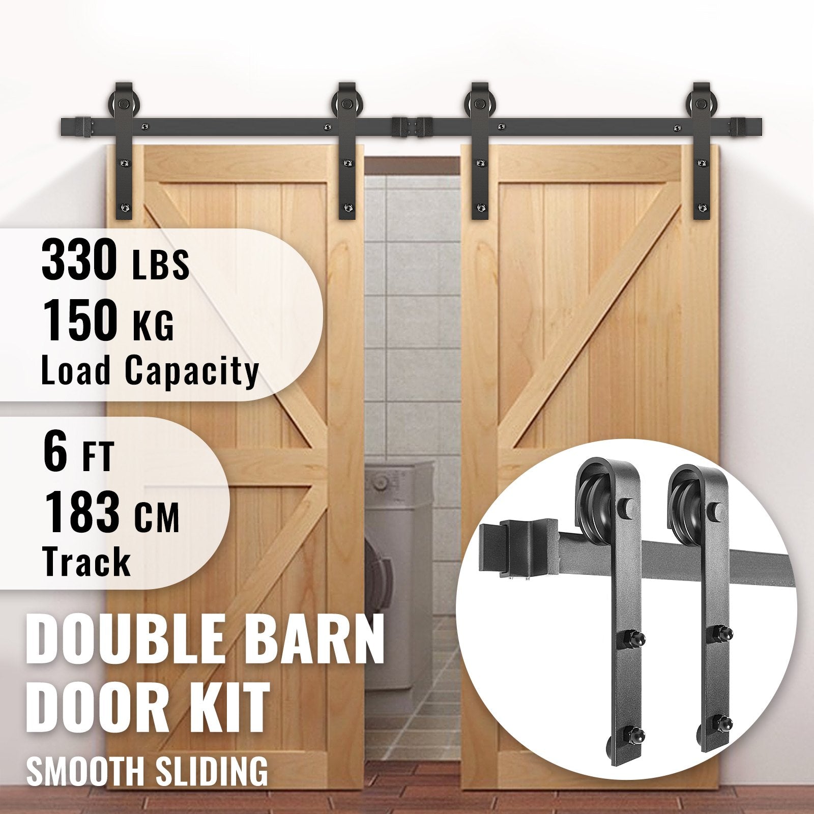 VEVOR Sliding Barn Door Hardware Kit, 6FT Barn Door Kit, 330LBS Load-Bearing Double Barn Door Hardware Kit, Carbon Steel Barn Door Track, Darn Door for 1.57-1.77" Thickness & 3FT Wide Door Panel
