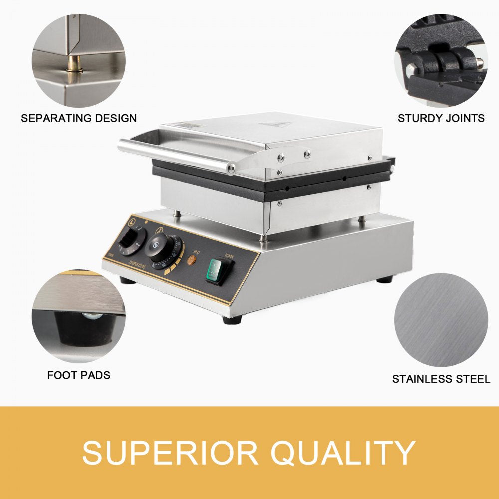 VEVOR 110V Commercial Waffle Maker 4Pcs Nonstick 2000W Electric Waffle Machine Stainless Steel 110V Temperature and Time Control Rectangle Belgian Waffle Maker Suitable for Bakeries Snack Bar Family