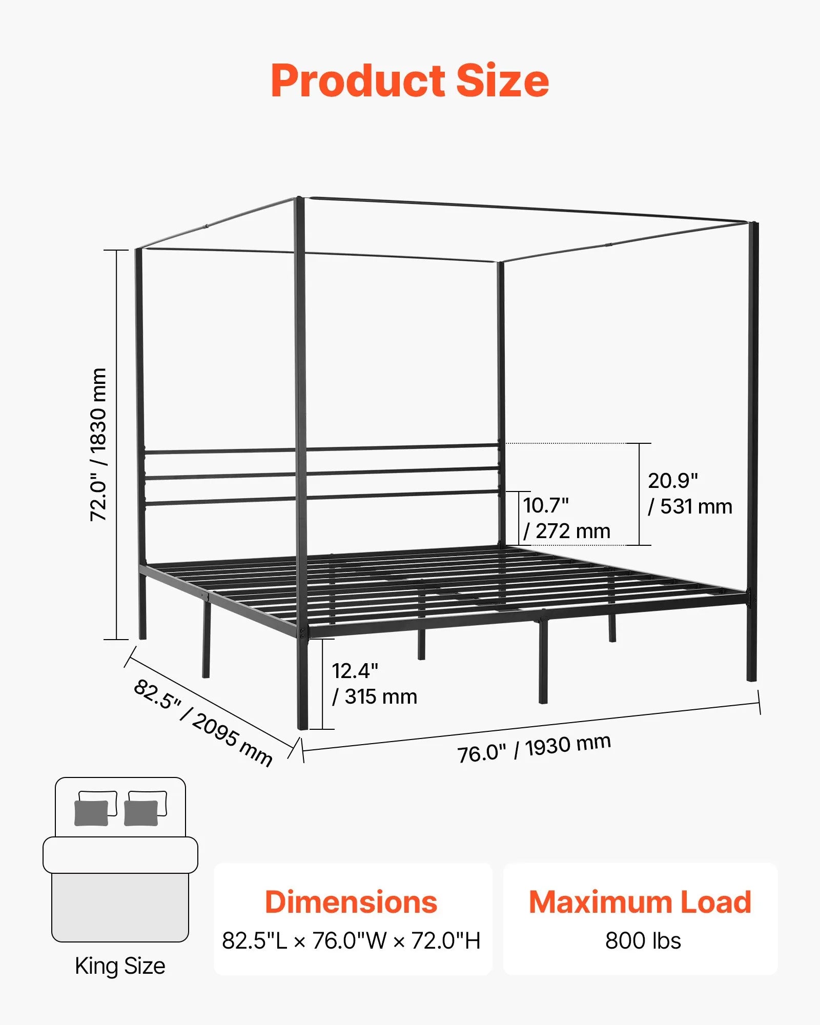 King Size Metal Canopy Bed Frame with Four-Poster Design, Heavy-Duty Steel Slats & Underbed Storage, Black