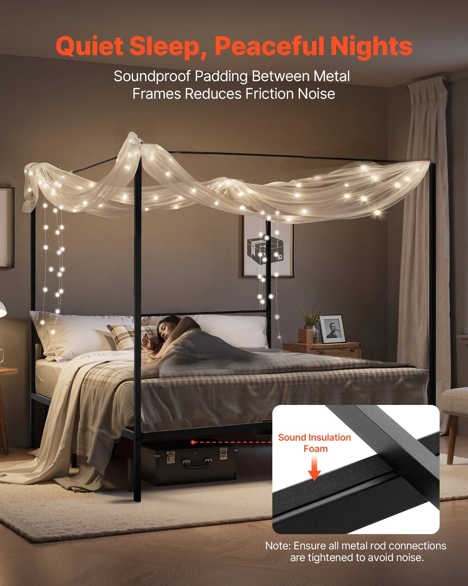 King Size Metal Canopy Bed Frame with Four-Poster Design, Heavy-Duty Steel Slats & Underbed Storage, Black