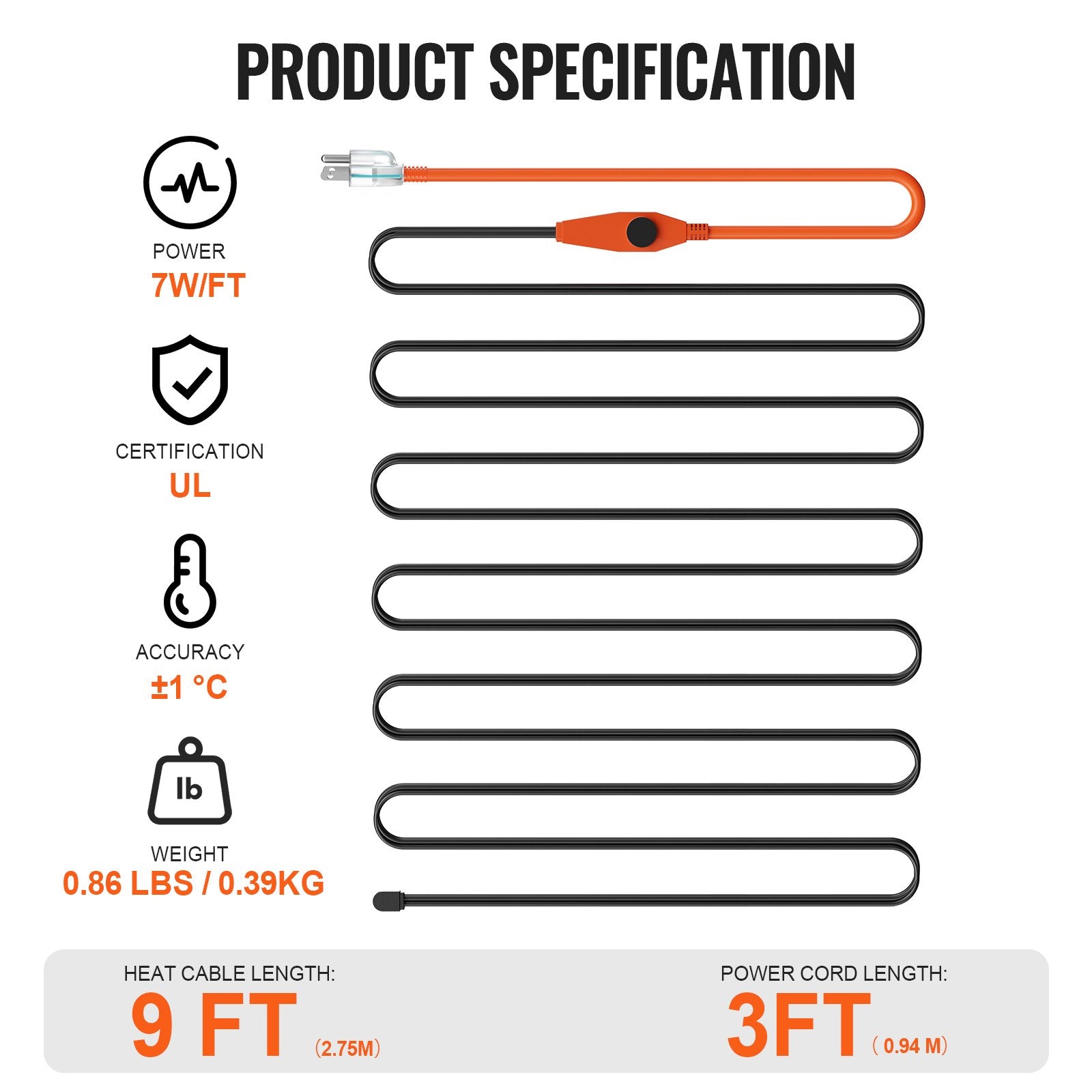 VEVOR Pipe Heating Cable 9FT 7W/FT Heat Tape for Pipes with Built-in Thermostat