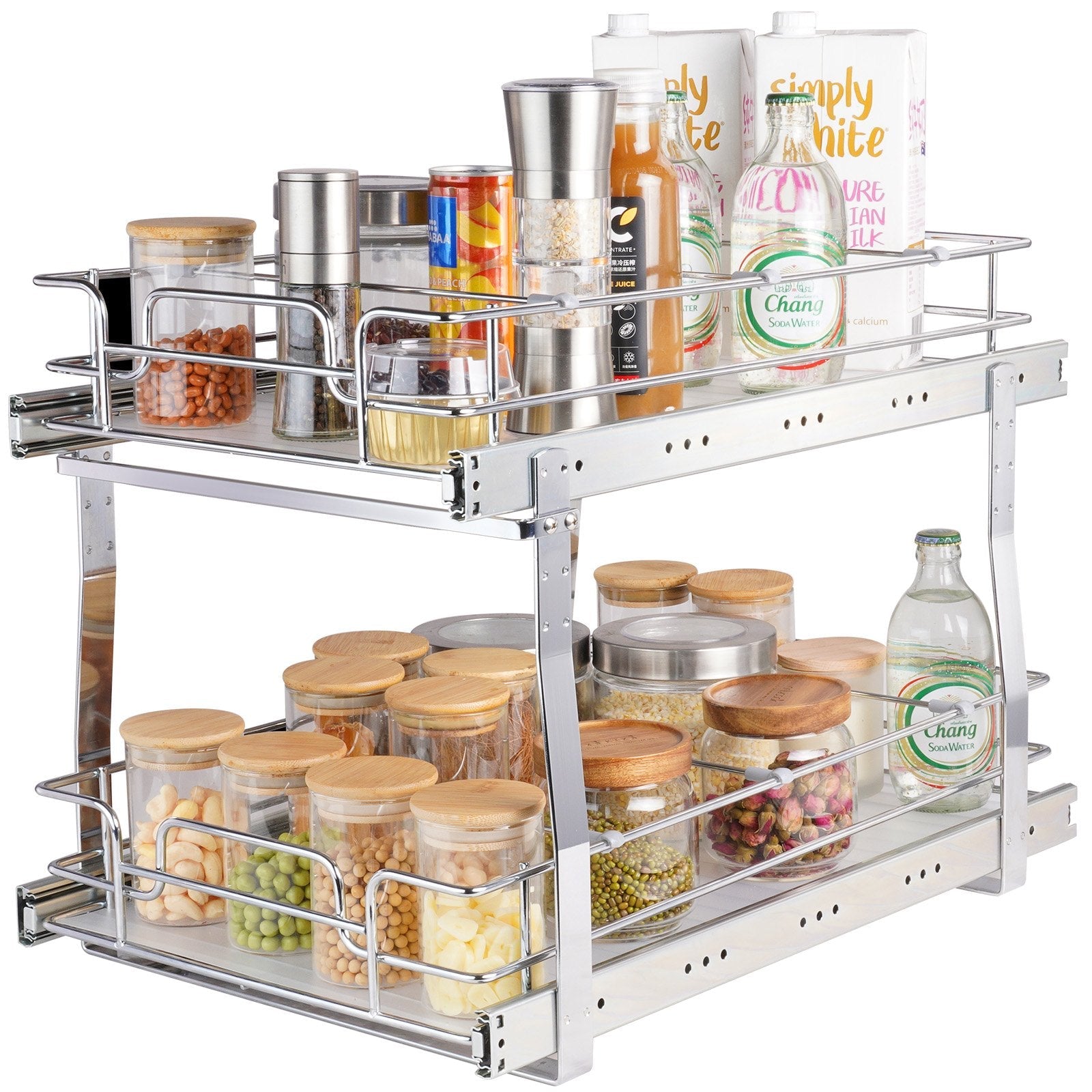 VEVOR 2 Tier 14"W x 21"D Pull Out Cabinet Organizer, Heavy Duty Slide Out Pantry Shelves, Chrome-Plated Steel Roll Out Drawers, Sliding Drawer Storage for Inside Kitchen Cabinet, Bathroom, Under Sink