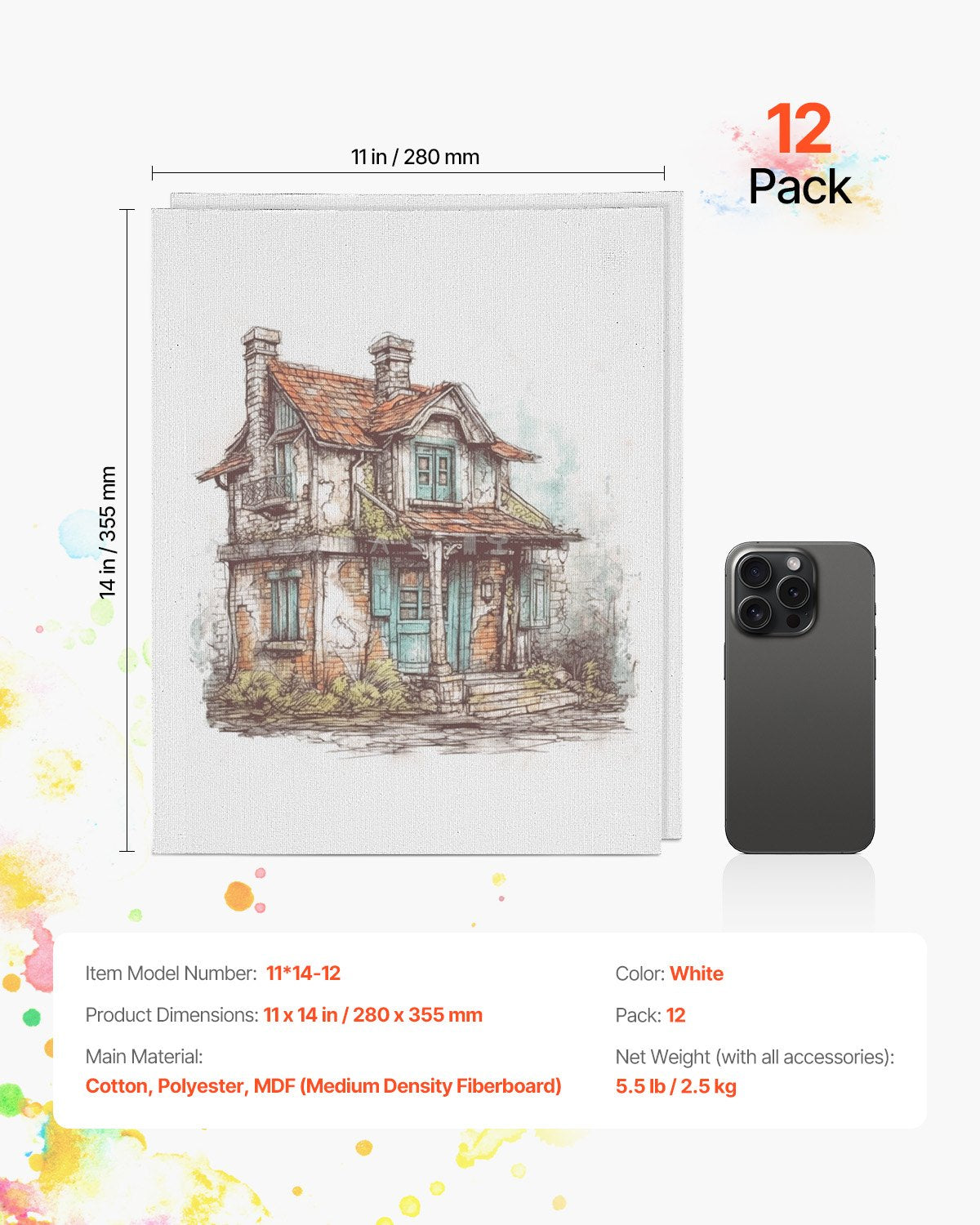 VEVOR Canvas Boards for Painting 12 Pack 11 x 14 Inch Blank Canvases for Painting