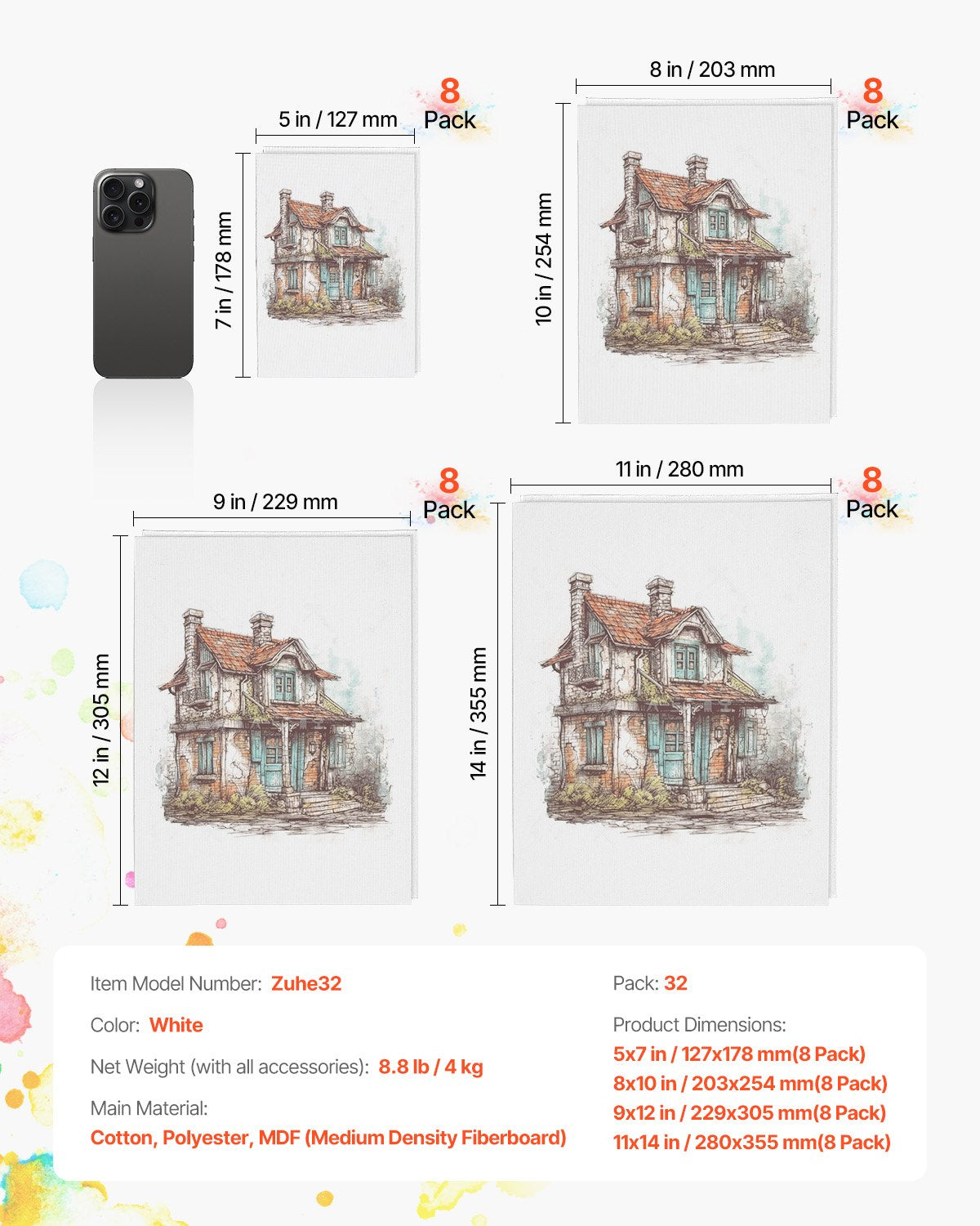 VEVOR Canvas Boards for Painting 32 Pack Multi-Size Blank Canvases for Painting