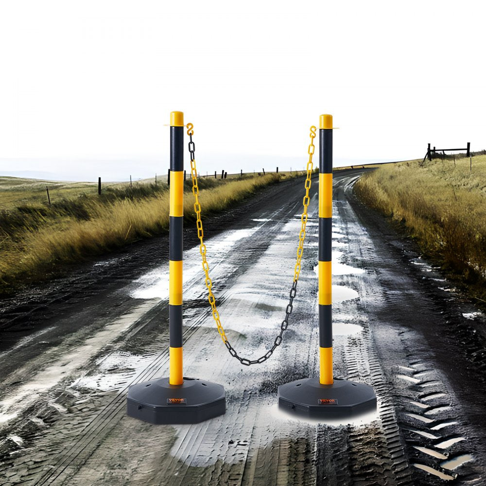 VEVOR Adjustable Traffic Delineator Post Cones, 2 Pack, Traffic Safety Delineator Barrier with Fillable Base 8FT Chain, for Traffic Control Warning Parking Lot Construction Caution Roads, Yellow&Black