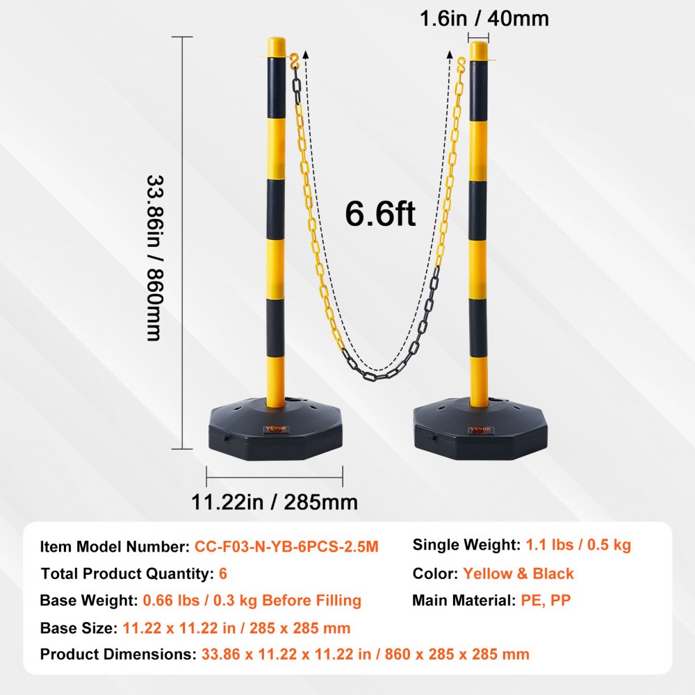 VEVOR Adjustable Traffic Delineator Post Cones, 6 Pack, Traffic Safety Delineator Barrier with Fillable Base 8FT Chain, for Traffic Control Warning Parking Lot Construction Caution Roads, Yellow&Black
