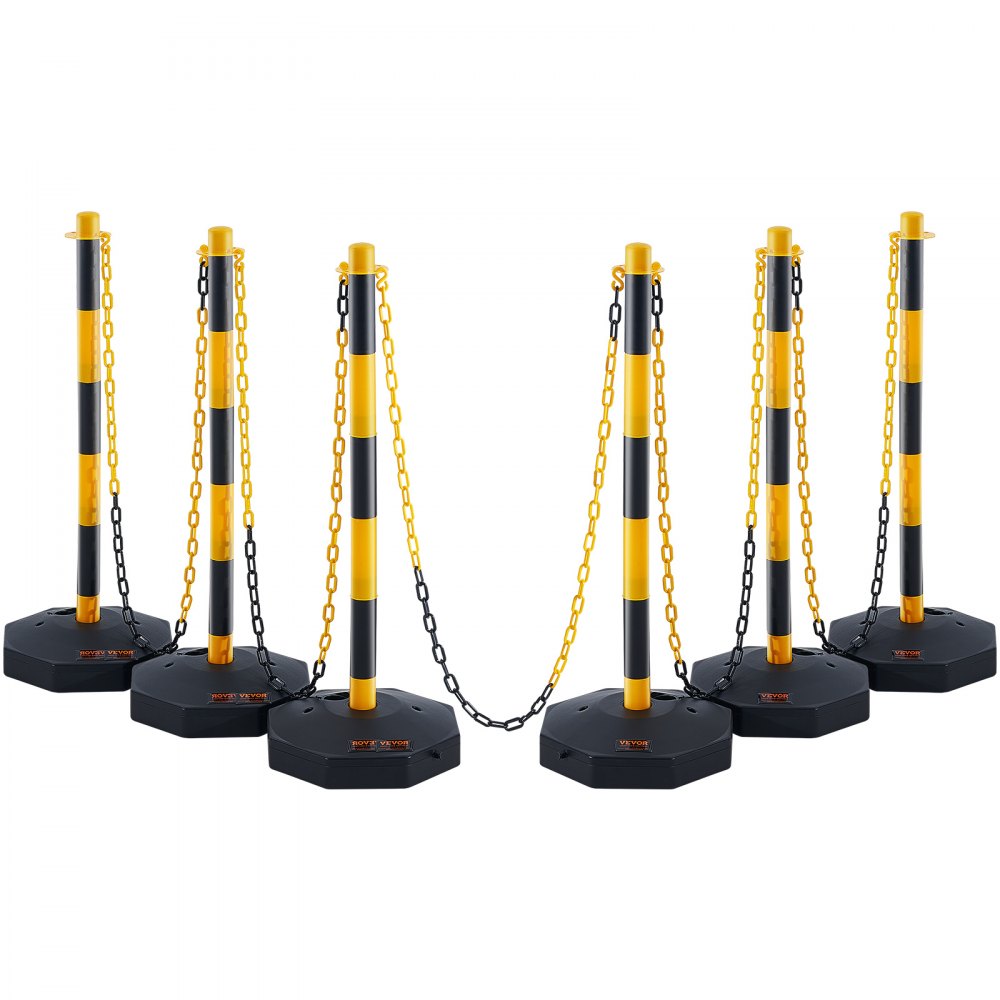 VEVOR Adjustable Traffic Delineator Post Cones, 6 Pack, Traffic Safety Delineator Barrier with Fillable Base 8FT Chain, for Traffic Control Warning Parking Lot Construction Caution Roads, Yellow&Black