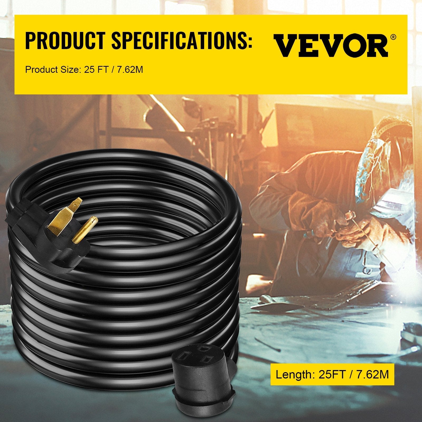 VEVOR Welding Extension Cord, 25 FT 40 AMP, 6-50P/6-50R 8/3 Heavy Duty Welding Cord, 8AWG 250V Welding Machine Cord, Suitable for MIG,Lincoln,Plasma,Miller,TIG