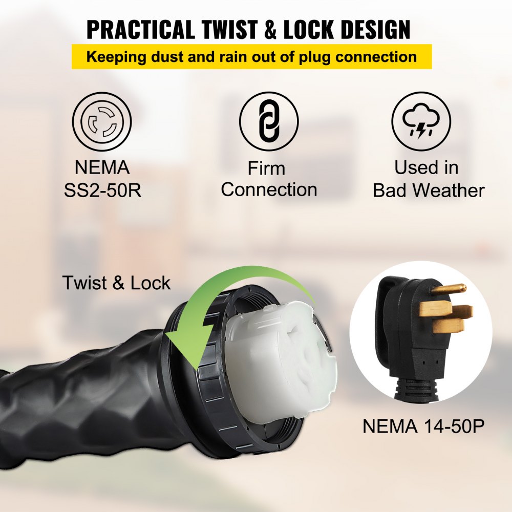 VEVOR RV Shore Power Extension Cord 36FT 50 AMP Weatherproof Heavy Duty 6/3 + 8/1 STW Twist Lock Cord 50 Amp RV Replacement Cord W/Molded Connector and Patented Handle