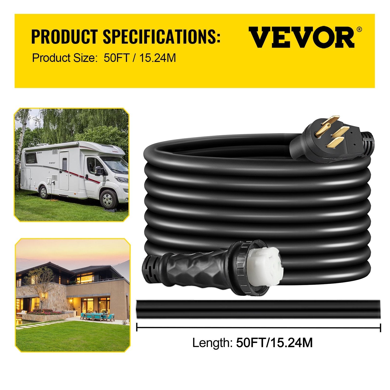 VEVOR RV Power Cord 50 ft 50 amp RV Extension Cord 14-50P to SS2-50R Rain Proof