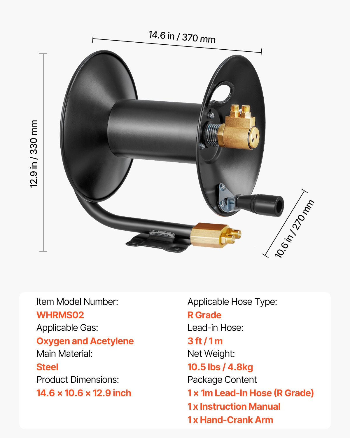 VEVOR Welding Hose Reel Hand Crank Rewind Hose Reel Heavy Duty Steel for Garage