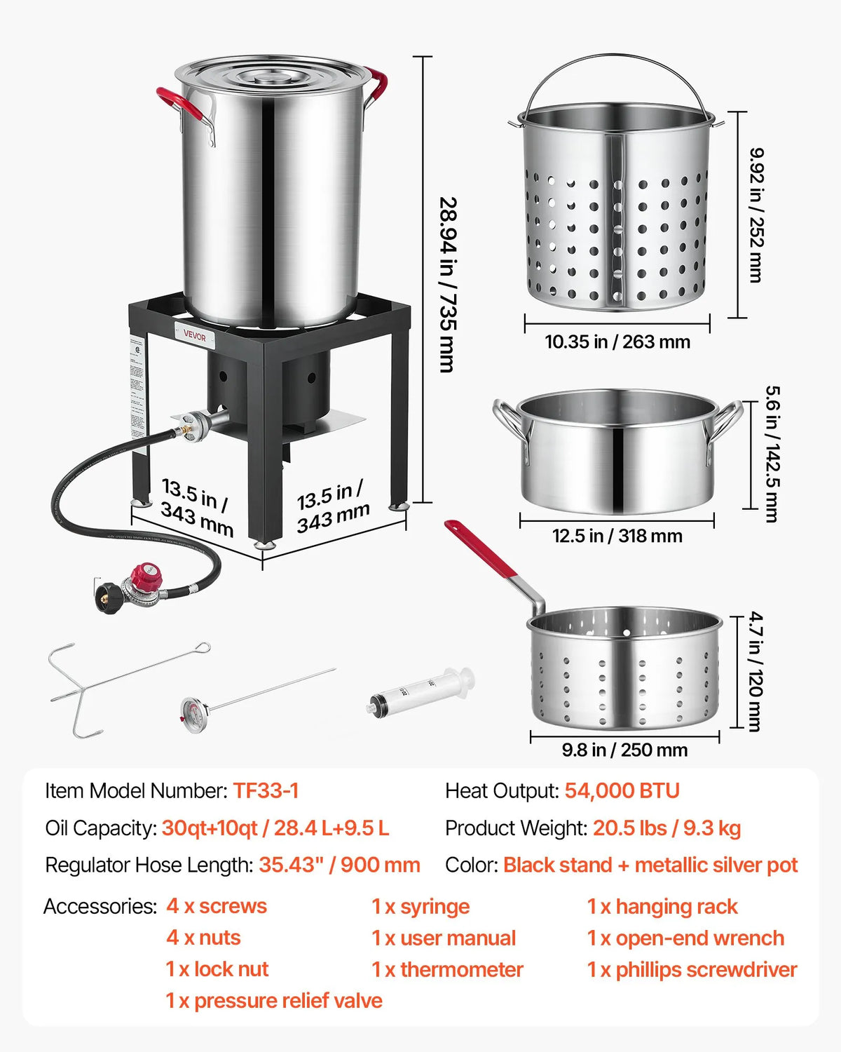 30 Qt Turkey Fryer & 10 Qt Seafood Boiler Set, Stainless Steel Pots with 54,000 BTU Propane Burner, Basket & Stand
