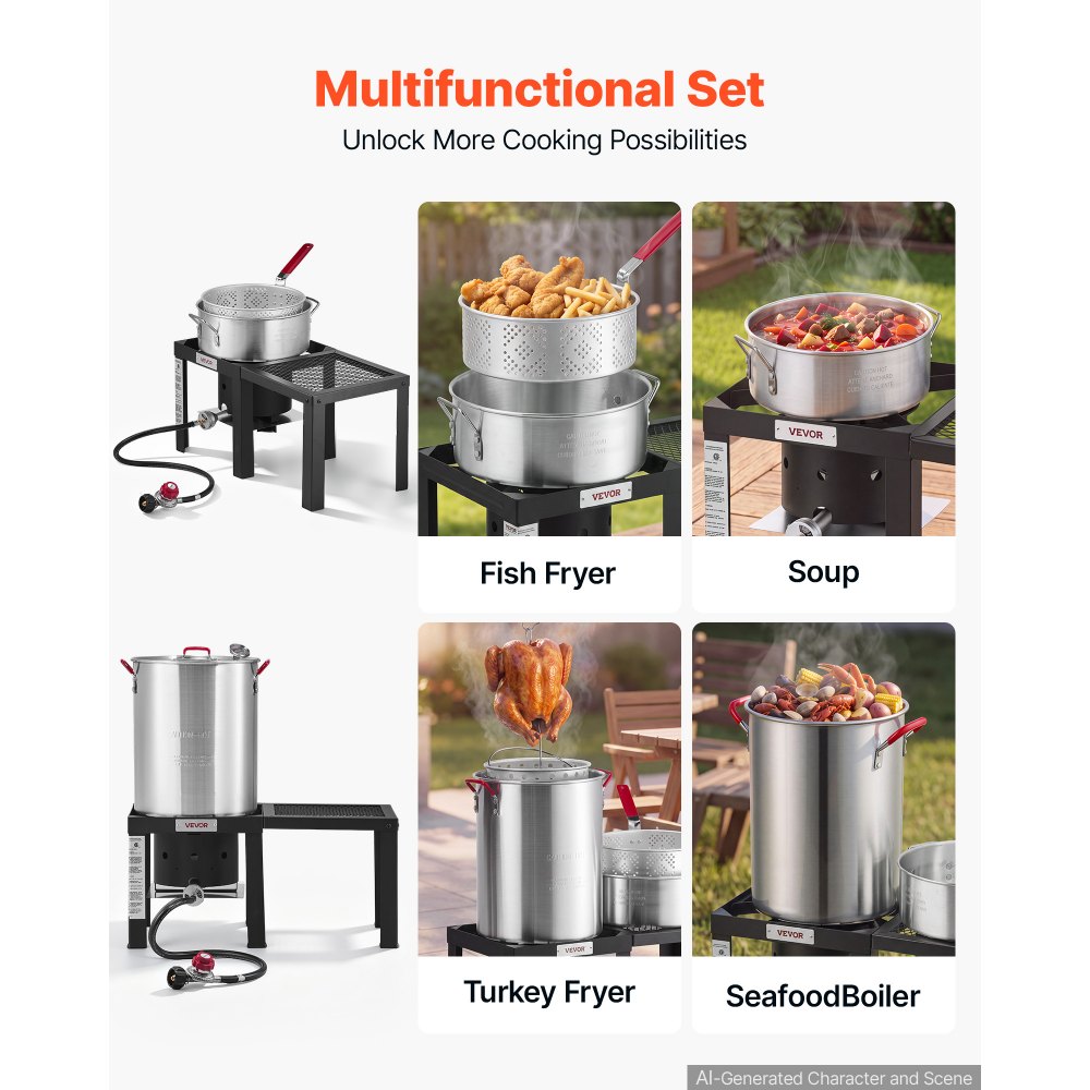 30 Qt Turkey Fryer & 10 Qt Seafood Boiler Set with Side Table, Aluminum Pots & 54,000 BTU Propane Burner