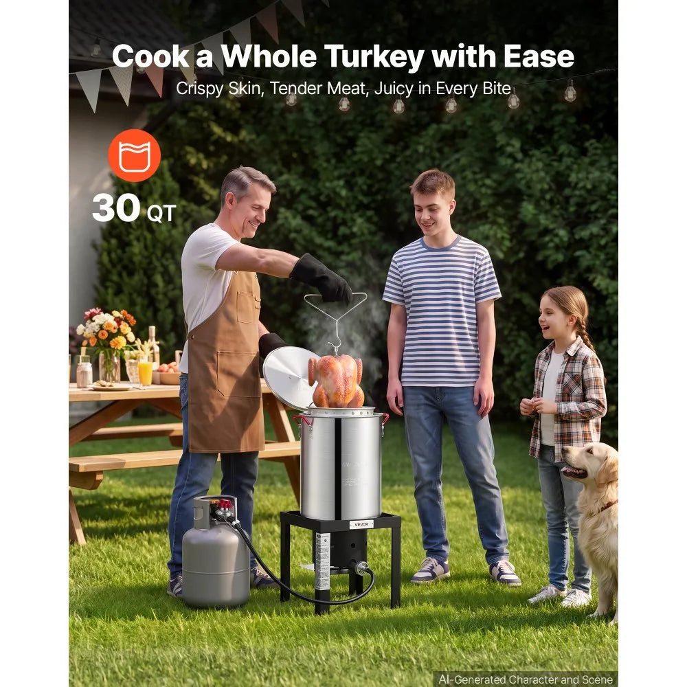 30 Qt Turkey Fryer & 10 Qt Seafood Boiler Set with 54,000 BTU Propane Burner, Basket & Stand - Aluminum