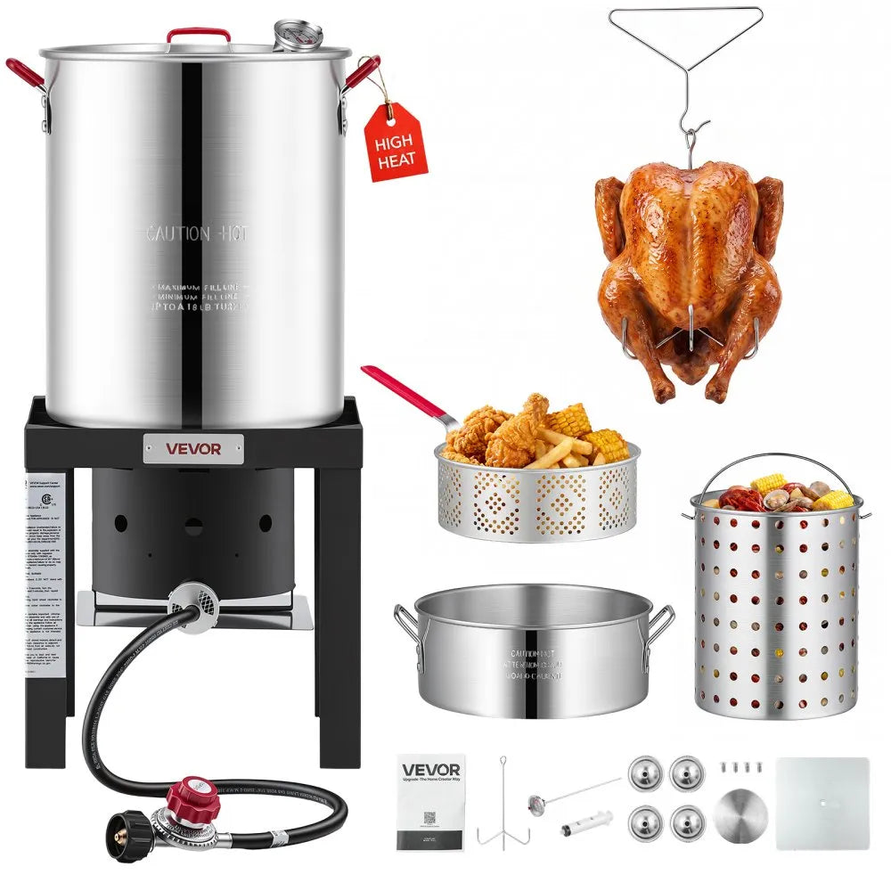 30 Qt Turkey Fryer & 10 Qt Seafood Boiler Set with 54,000 BTU Propane Burner, Basket & Stand - Aluminum