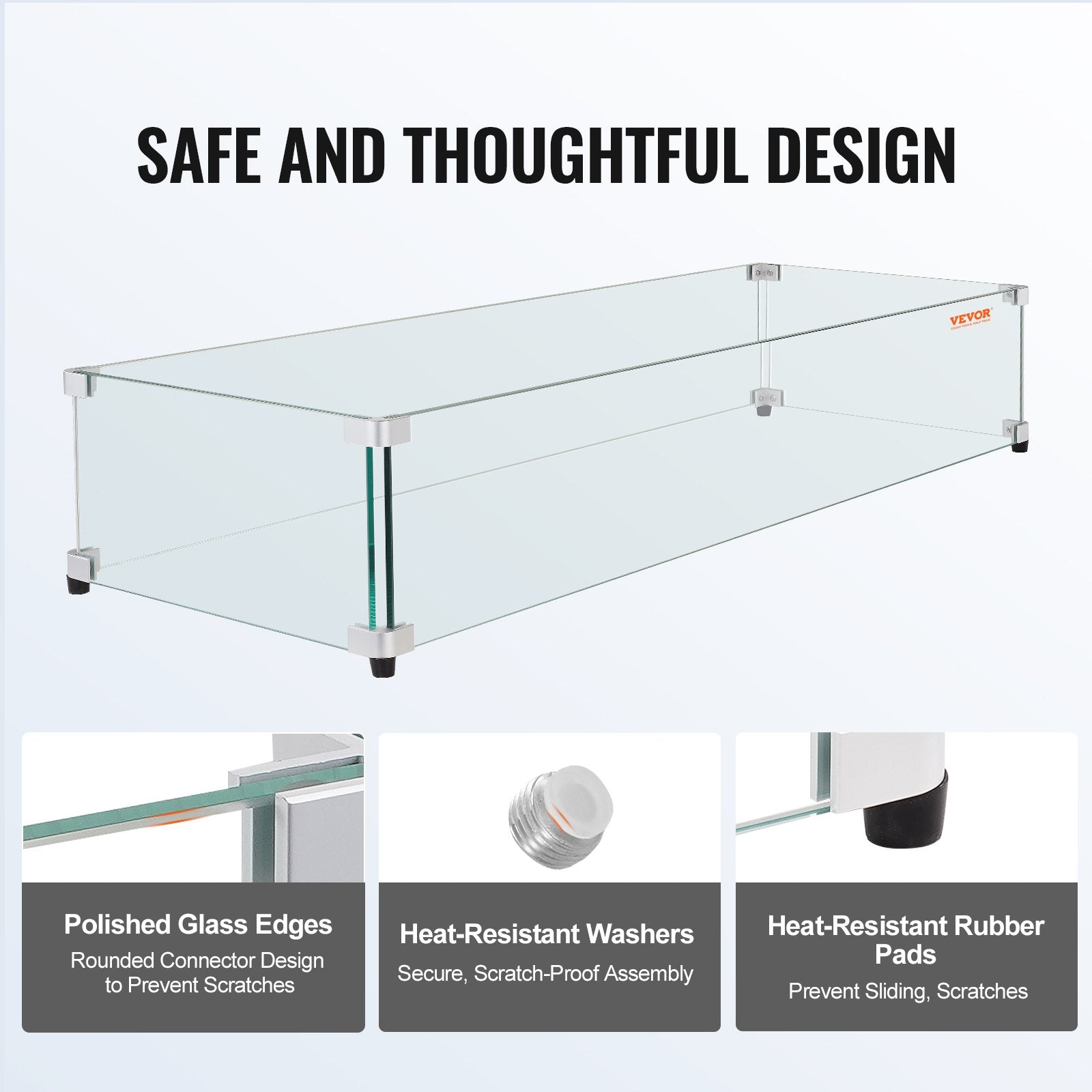 VEVOR Glass Wind Guard for Rectangular Fire Pit Table 29 x 13 x 6.5 Inch, 0.31 inch Thick and Sturdy Tempered Glass Panel with Hard Aluminum Corner Bracket & Rubber Feet, Easy to Assemble