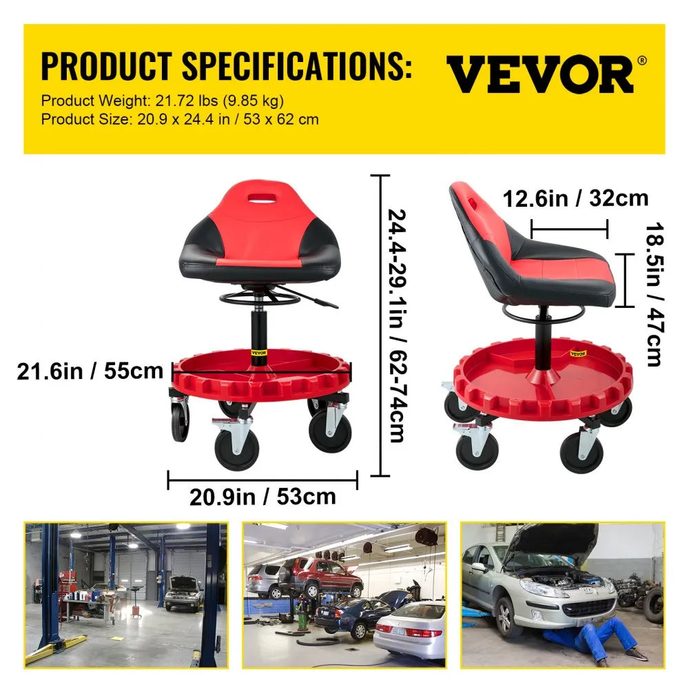 VEVOR Rolling Garage Stool, 300LBS Capacity, 18"-23" Adjustable Height Range, Mechanic Seat with Swivel Casters and Tool Tray, for Workshop, Auto Repair Shop, Red