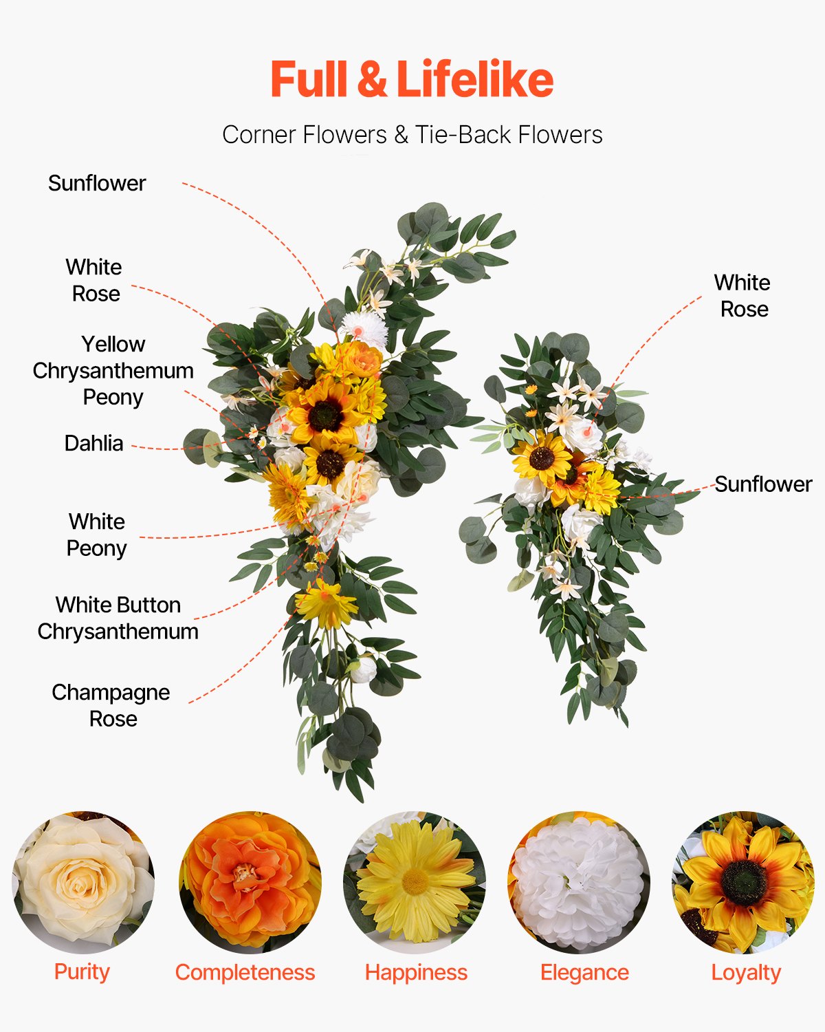 VEVOR Artificial Wedding Arch Flowers Kit Yellow With 2 Pcs Flowers 1 Pcs Drapes