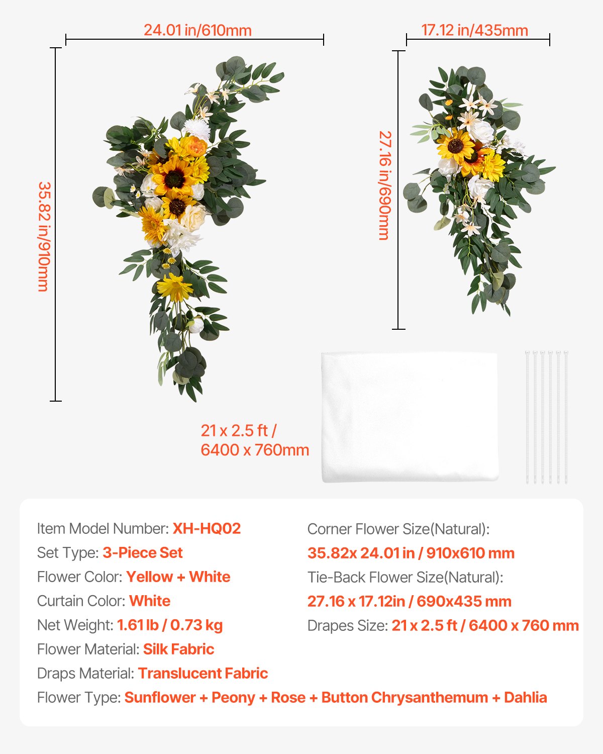 VEVOR Artificial Wedding Arch Flowers Kit Yellow With 2 Pcs Flowers 1 Pcs Drapes