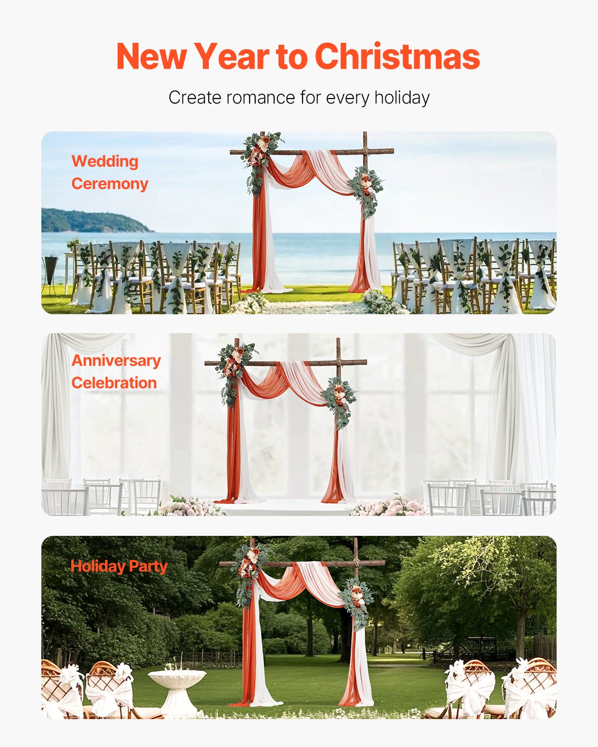 VEVOR Artificial Wedding Arch Flowers Kit Orange With 2 Pcs Flowers 2 Pcs Drapes