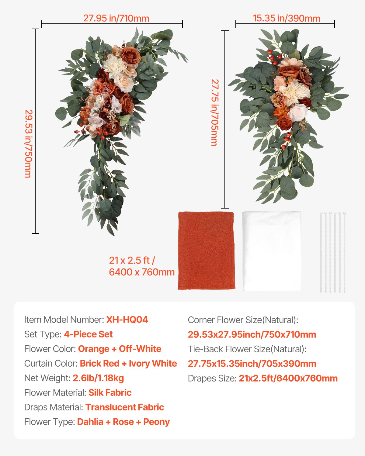 VEVOR Artificial Wedding Arch Flowers Kit Orange With 2 Pcs Flowers 2 Pcs Drapes