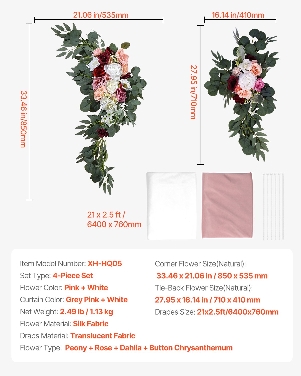 VEVOR Artificial Wedding Arch Flowers Kit Pink With 2 Pcs Flowers 2 Pcs Drapes