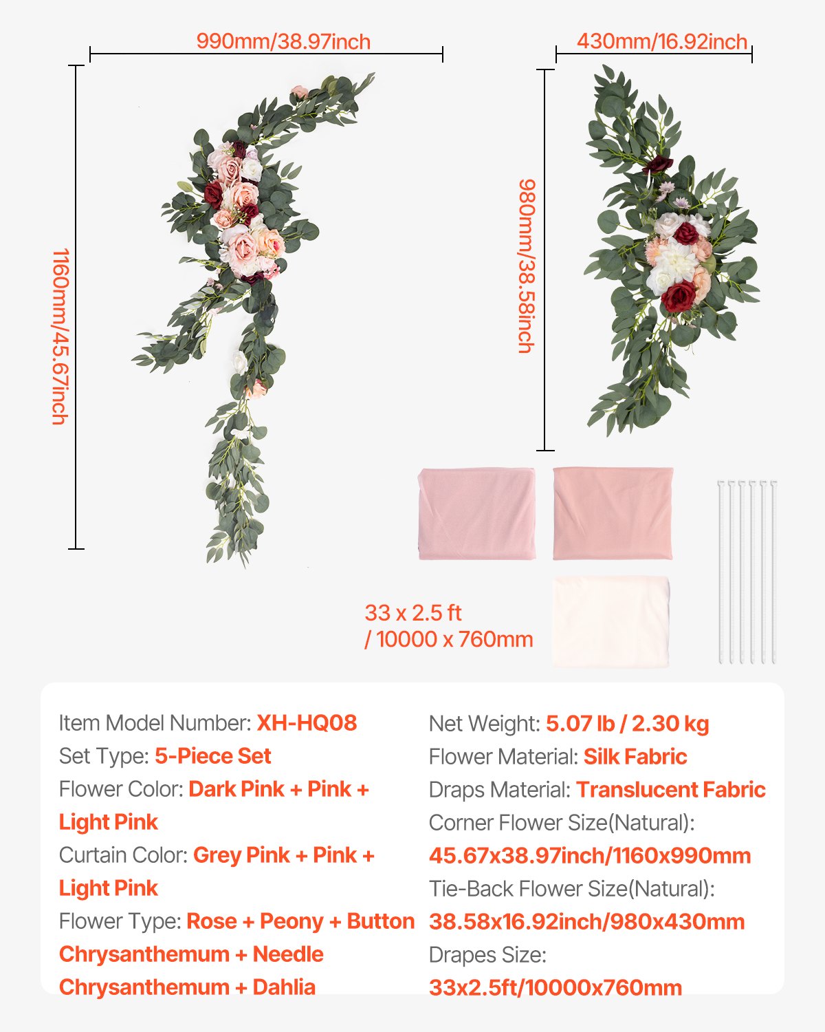 VEVOR Artificial Wedding Arch Flowers Kit Pink With 2 Pcs Flowers 3 Pcs Drapes