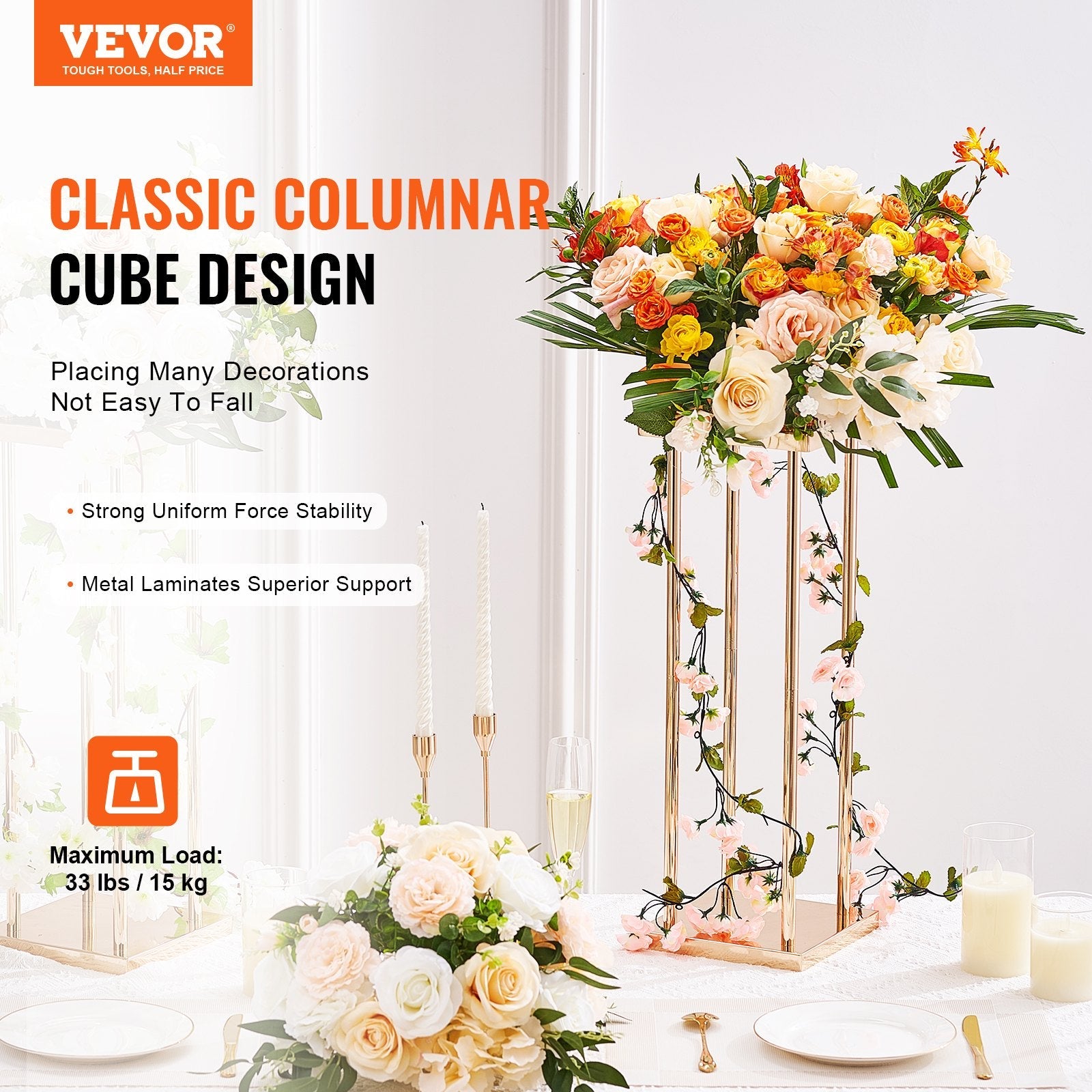 VEVOR 4PCS Gold Metal Column Wedding Flower Stand, 31.5inch/80cm High With Metal Laminate, Vase Geometric Centerpiece Stands, Cylindrical Floral Display Rack for Events Reception, Party Road Leads