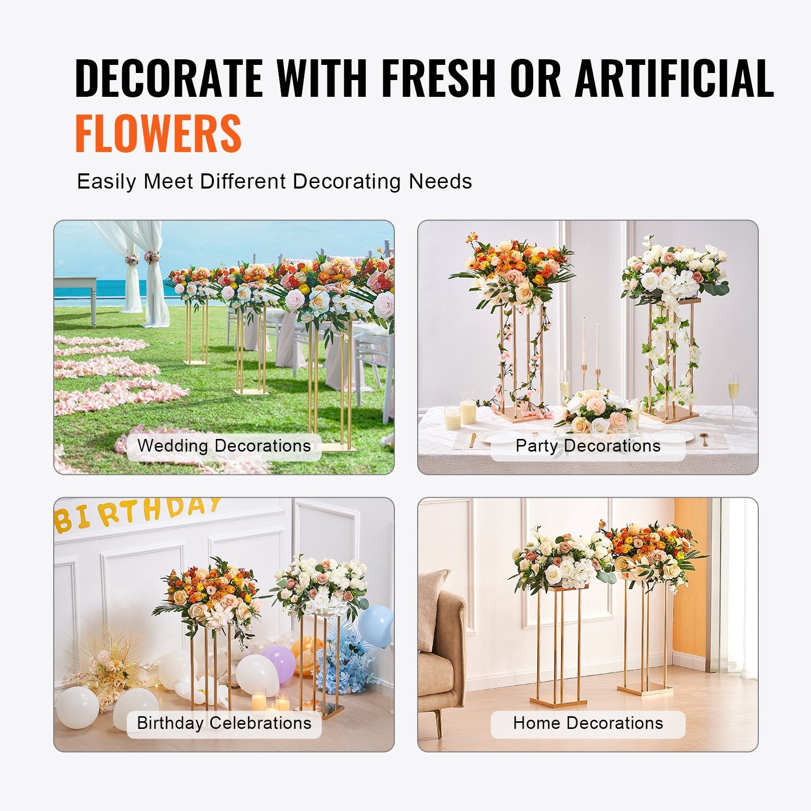 VEVOR 4PCS Gold Metal Column Wedding Flower Stand, 31.5inch/80cm High With Metal Laminate, Vase Geometric Centerpiece Stands, Cylindrical Floral Display Rack for Events Reception, Party Road Leads