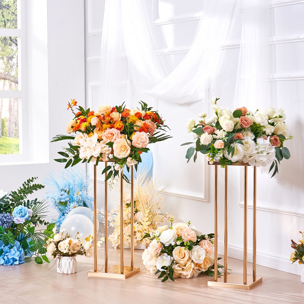 VEVOR 4PCS Gold Metal Column Wedding Flower Stand, 23.6inch /60cm High With Metal Laminate, Vase Geometric Centerpiece Stands, Cylindrical Floral Display Rack for Events Reception, Party Road Leads