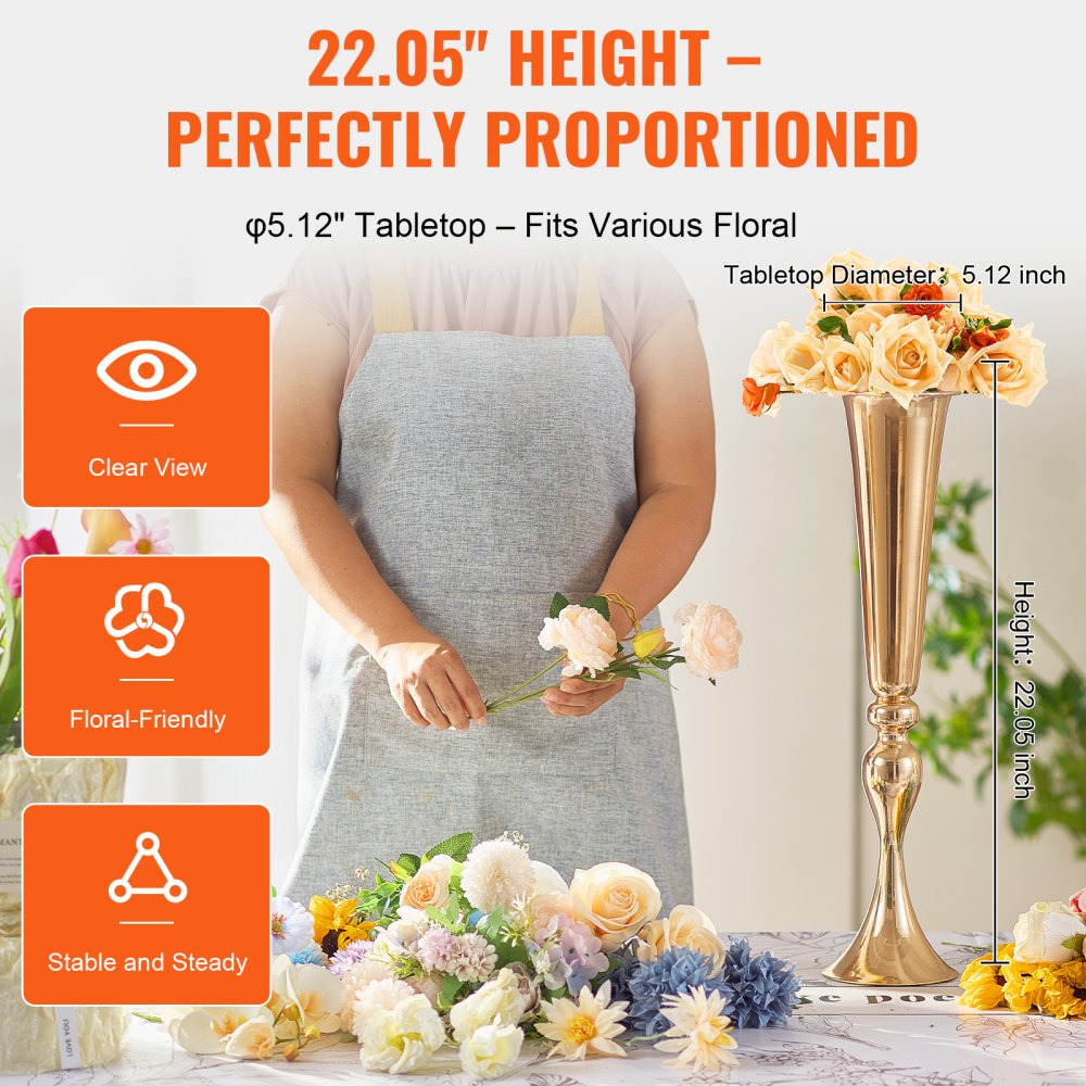 VEVOR 2PCS 56cm/22.05” Tall Wedding Flower Vase Metal Gold Trumpet for Tables