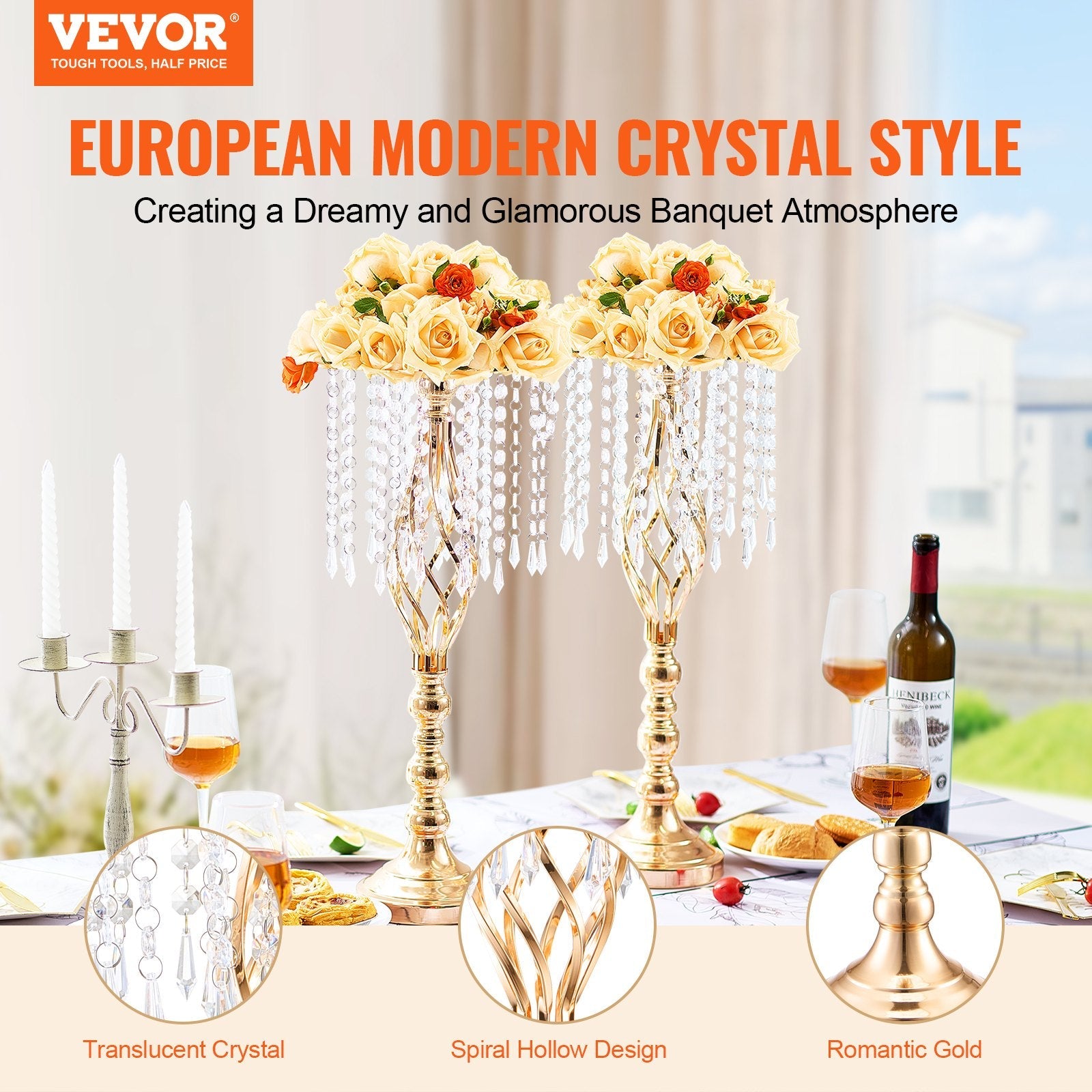VEVOR 2PCS 55cm/21.65” Tall Crystal Wedding Flower Stand Vase for Party Decor