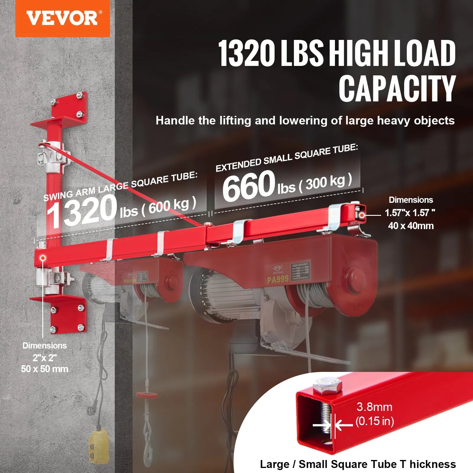 VEVOR Electric Hoist Support Arm, 1320 lbs Max Load Capacity, Electric Hoist Holder Swing Arm with Pole, Steel Hoist Frame, 180° Swivel Scaffold Hoist Lifting Arm, Winch Hoist Arm for Workshop, Garage