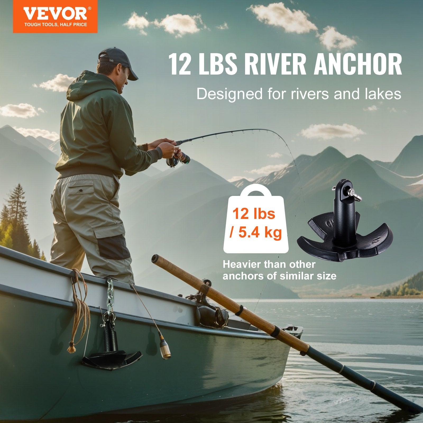VEVOR River Anchor, 12 LBS Boat Anchor Cast Iron Black Vinyl-Coated with Shackle, Marine Grade Mushroom Anchor for Boats Up To 10 ft, Impressive Holding Power in River and Mud Bottom Lakes