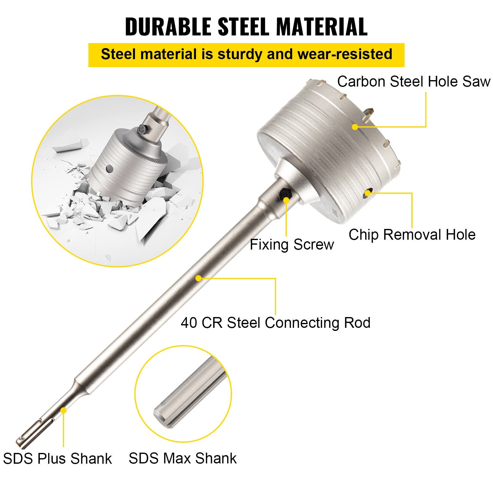 VEVOR Concrete Hole Saw Kit, 30/40/65/80/100mm Drill Bit Set SDS Plus or SDS Max Shank Wall Hole Cutter with 300mm Connecting Rod for Brick, Concrete, Cement, Stone Wall, Masonry, Tile