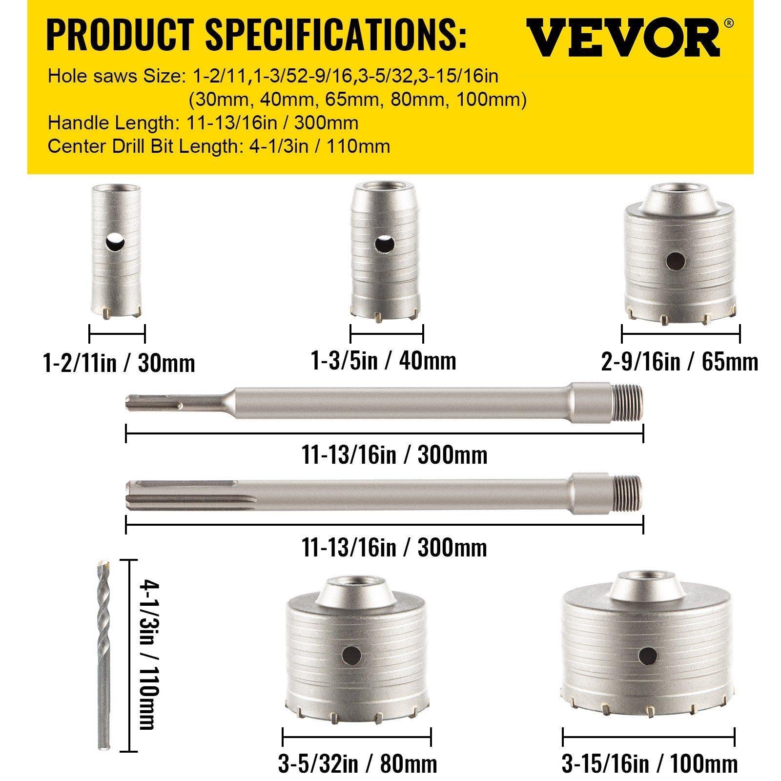 VEVOR Concrete Hole Saw Kit, 30/40/65/80/100mm Drill Bit Set SDS Plus or SDS Max Shank Wall Hole Cutter with 300mm Connecting Rod for Brick, Concrete, Cement, Stone Wall, Masonry, Tile
