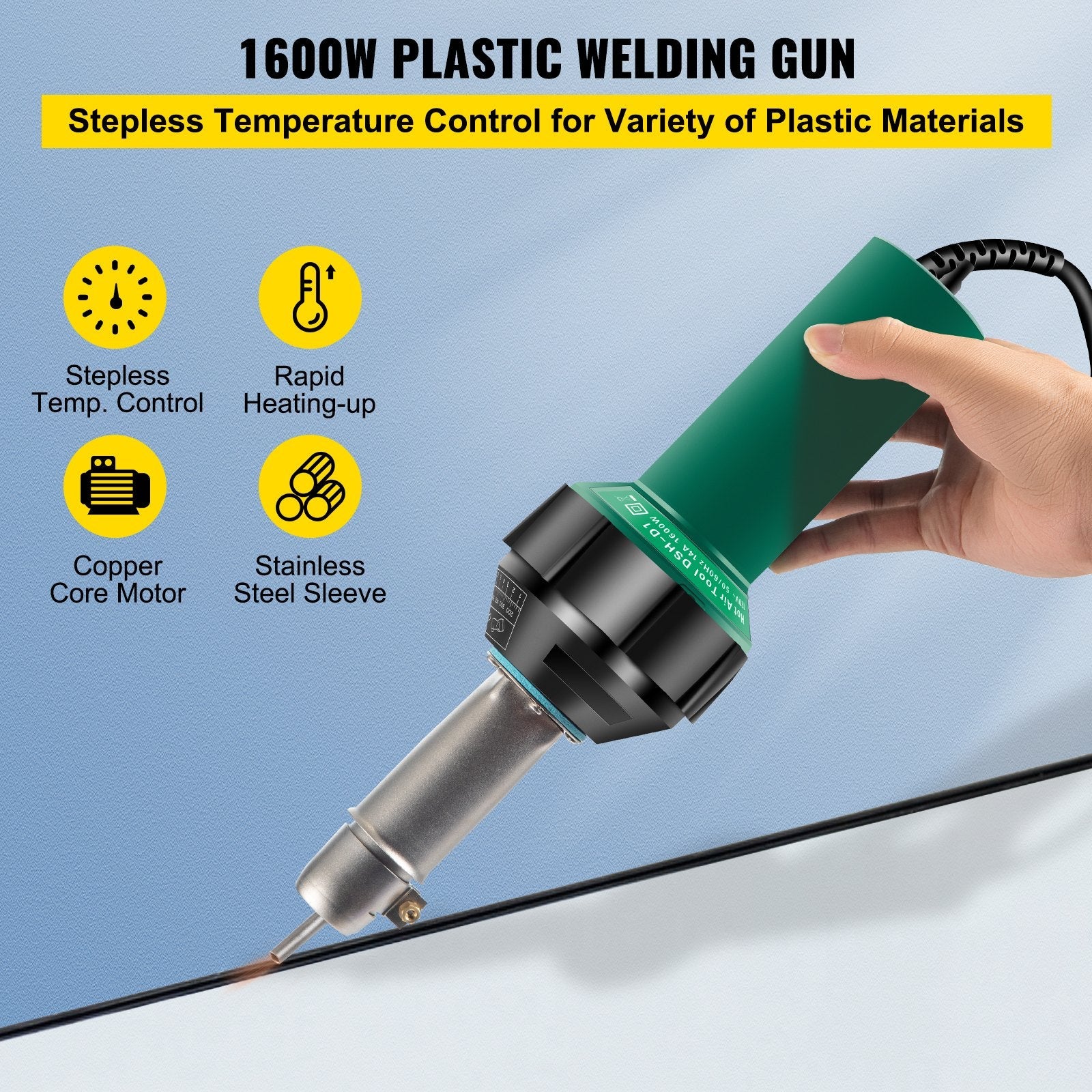 VEVOR Roofing Welder, 8 Pcs PVC Welding Gun, 1600W Hot Air Plastic Welder, 120V PVC Heat Gun, Plastic Welder w/ Mica Pipe Heating Core, Stepless Temperature Regulation 104-1112 °F Plastic Welder Kit