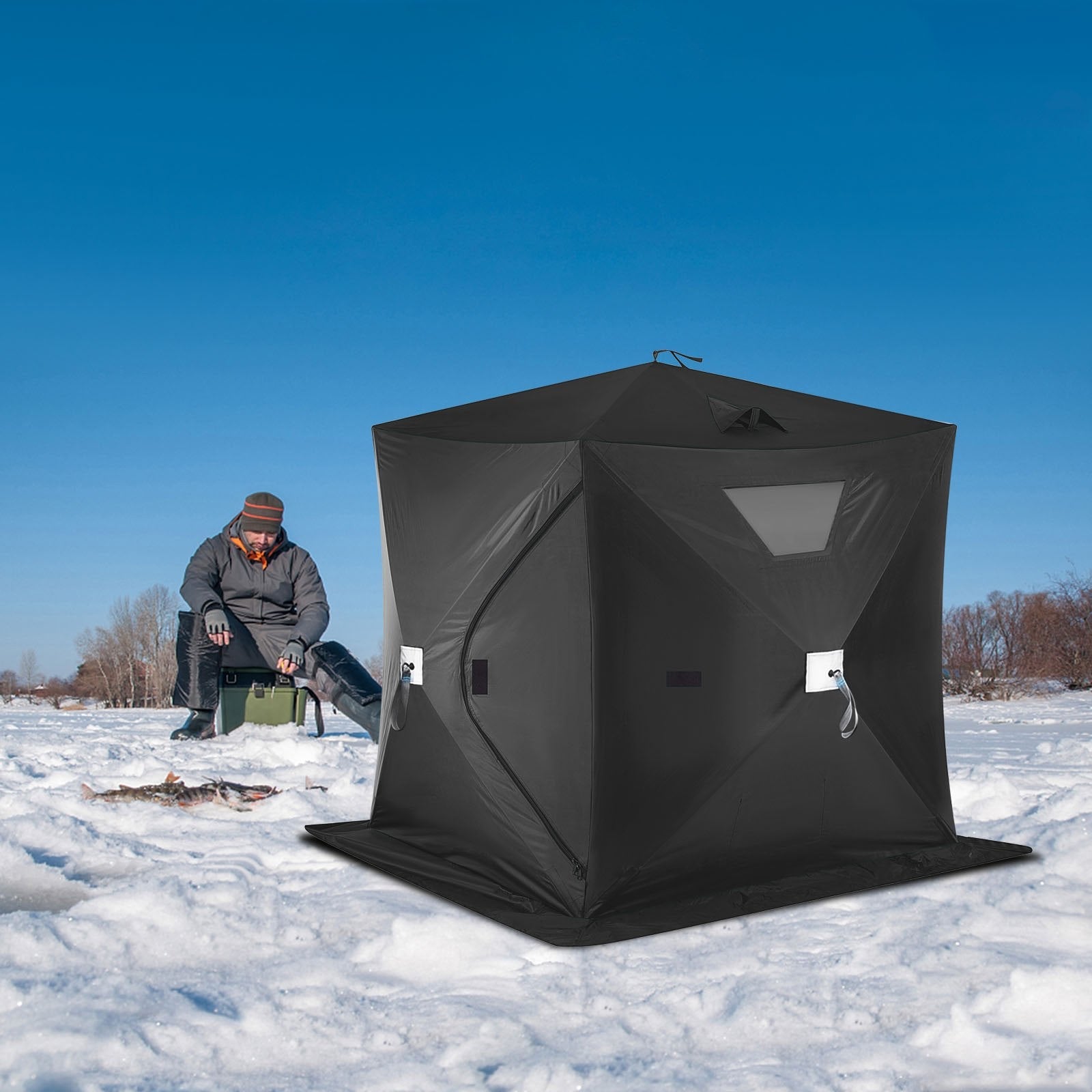 VEVOR 2-3 Person Ice Fishing Shelter Tent, 300D Oxford Fabric Portable Ice Shelter with Pop-up Pull Design, Strong Waterproof and Windproof Ice Fish Shelter for Outdoor Fishing, Black