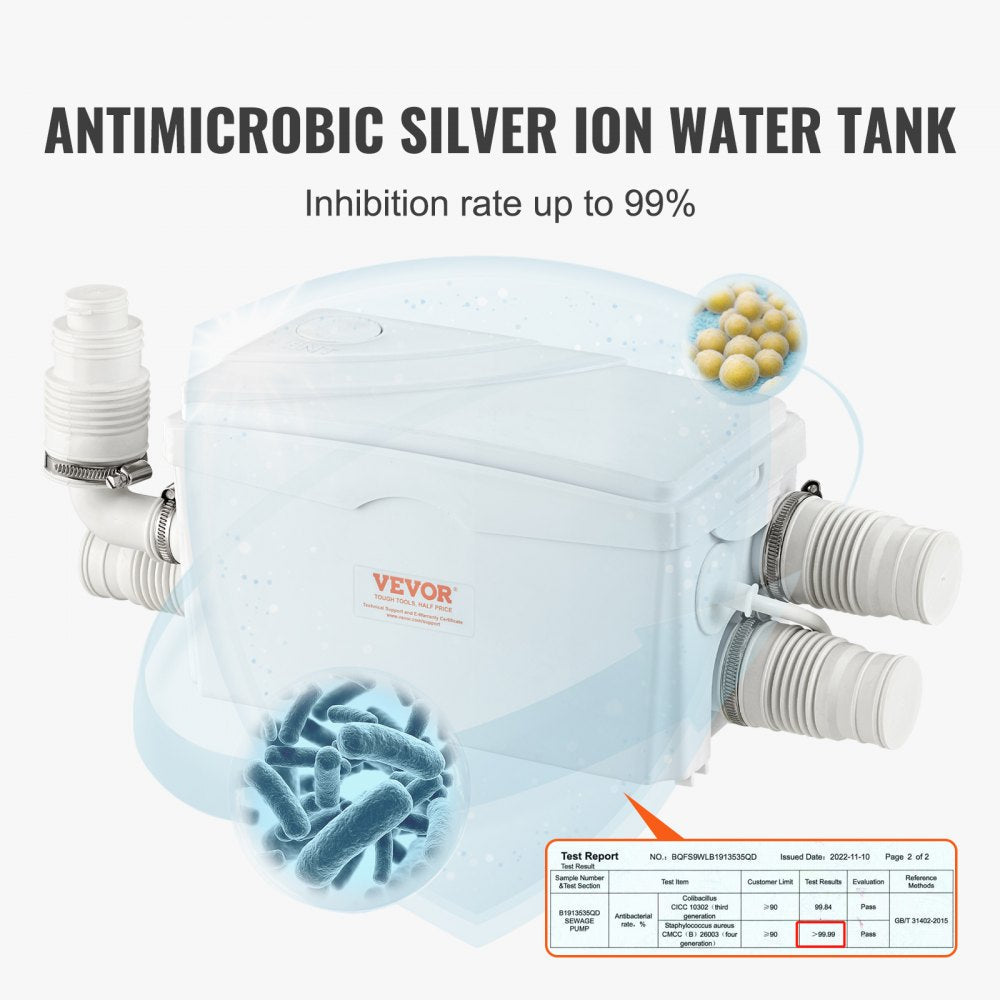 VEVOR Macerator Pump, 350W, 6000 L/h Flow, 23 ft/7 m Head, Macerator Sewerage Sump Pump with 3 Water Inlets for Basement, Kitchen, Sink, Shower, Bathtub, Laundry Waste Water Disposal Upflush Machine