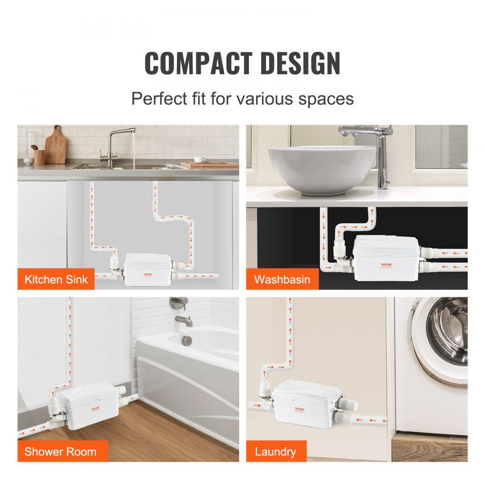 VEVOR Macerator Pump, 350W, 6000 L/h Flow, 23 ft/7 m Head, Macerator Sewerage Sump Pump with 3 Water Inlets for Basement, Kitchen, Sink, Shower, Bathtub, Laundry Waste Water Disposal Upflush Machine