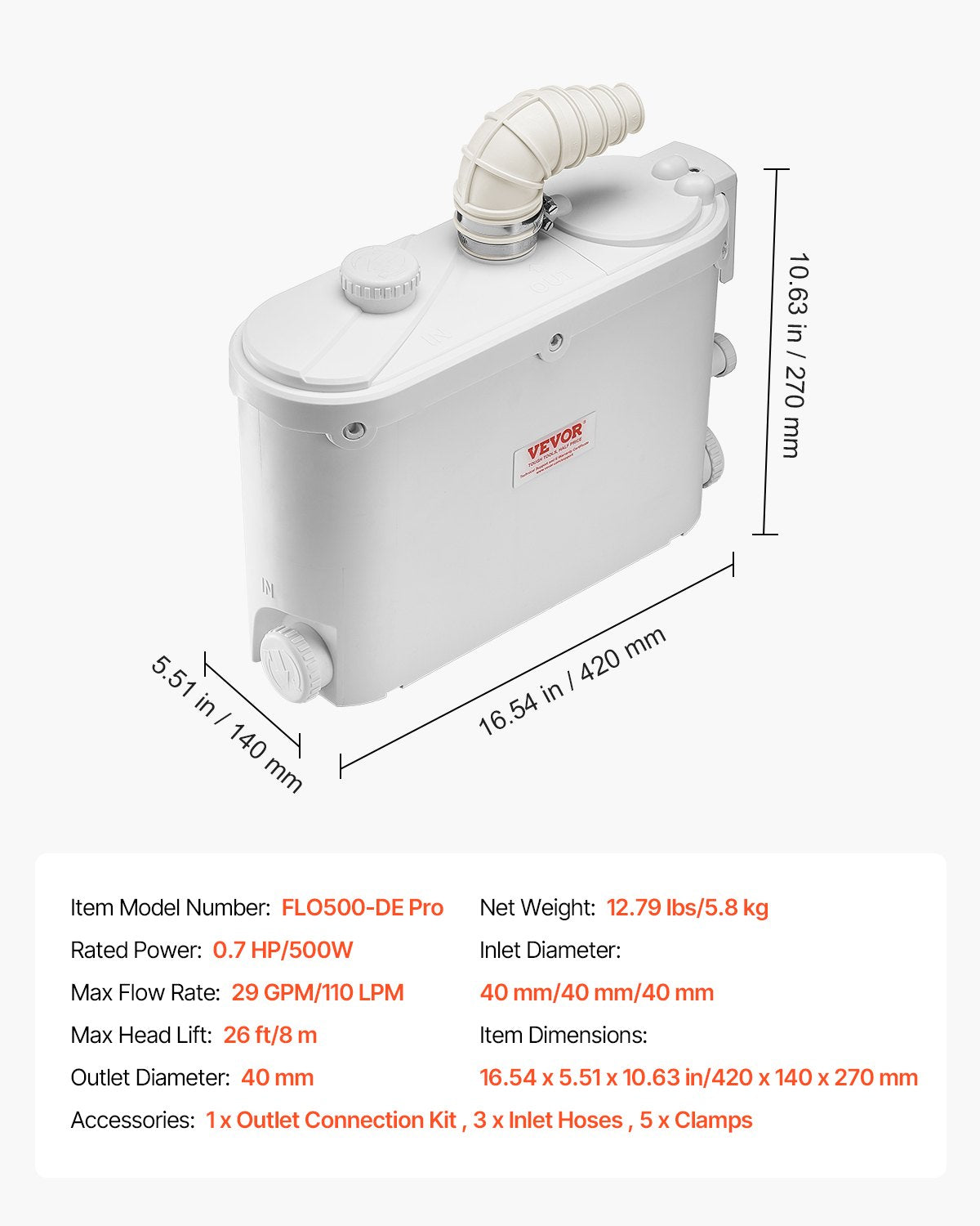 VEVOR Macerator Pump 500W 29 GPM Flow 26 ft Head Lift for Kitchen Basement Sink