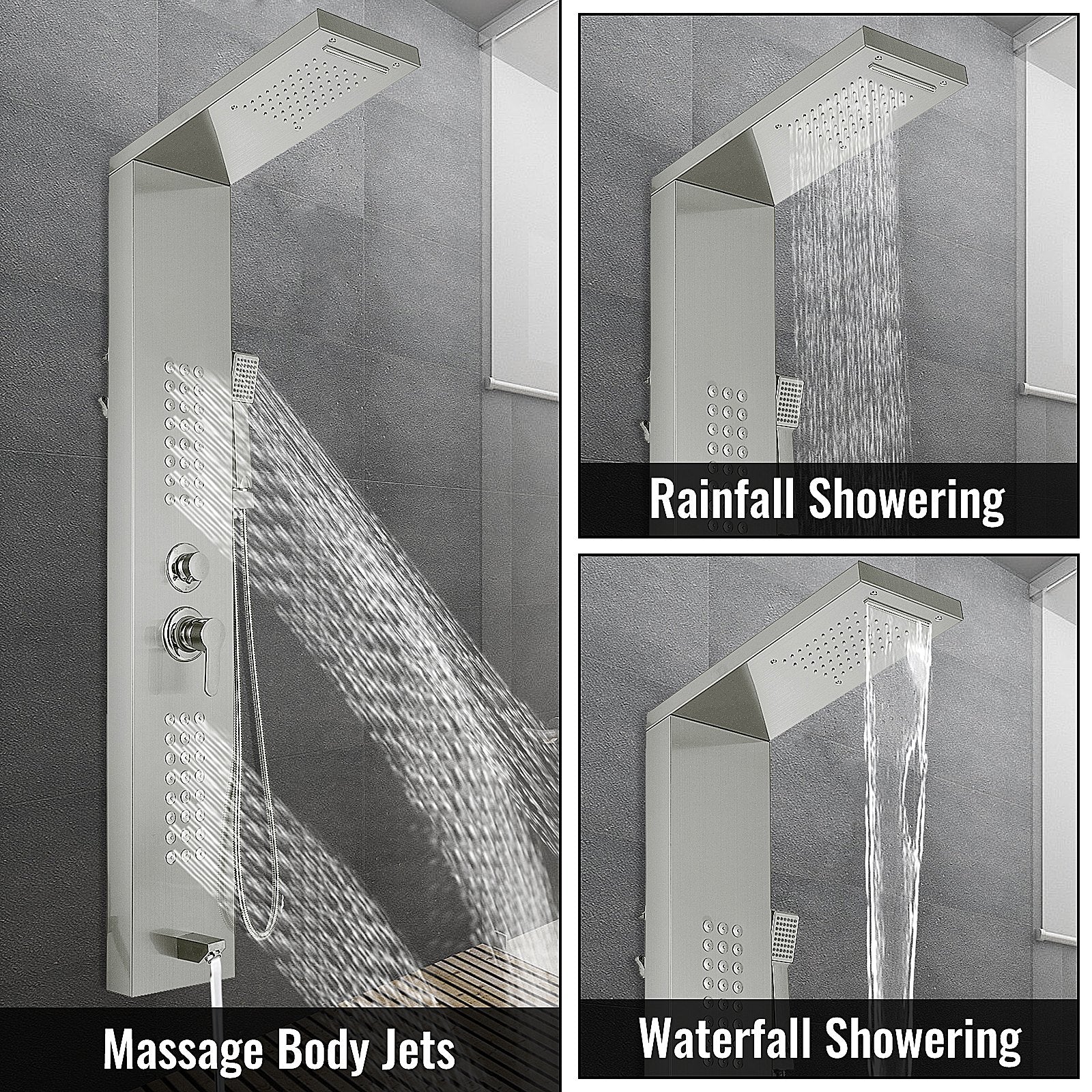 Multi-function Shower Panel Tower System With Spout Rainfall Waterfall Massage
