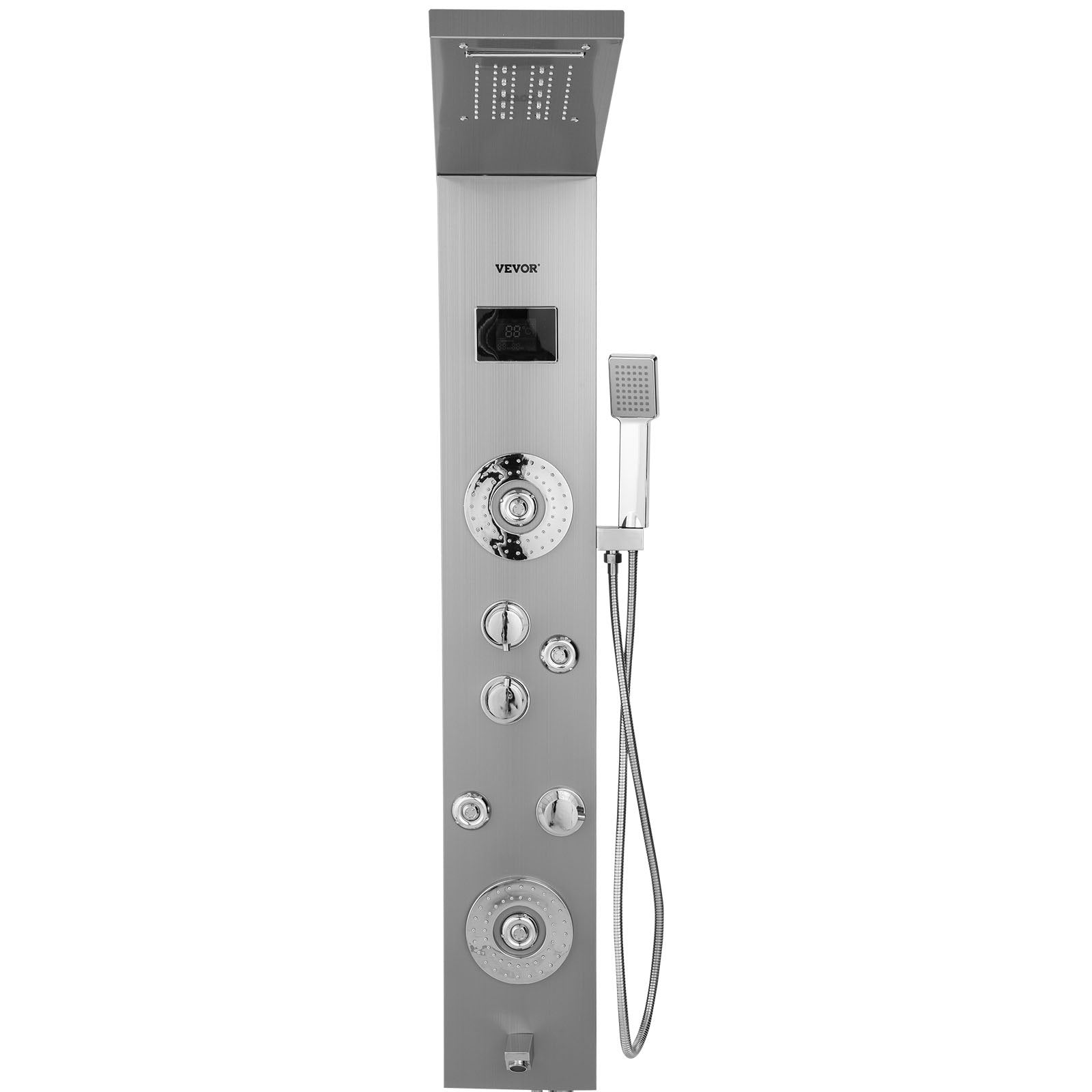 Happybuy 6 in 1 Shower Tower Panel Stainless Steel LED Display Wall Mounted Shower Panel System Panel Rainfall Massage Jets Waterfall Bathroom Shower Tower (Silver Color)