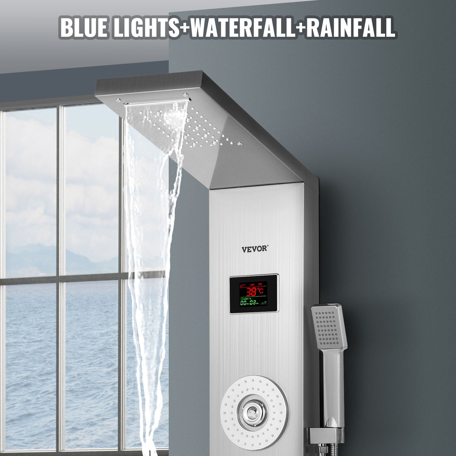Happybuy 6 in 1 Shower Tower Panel Stainless Steel LED Display Wall Mounted Shower Panel System Panel Rainfall Massage Jets Waterfall Bathroom Shower Tower (Silver Color)