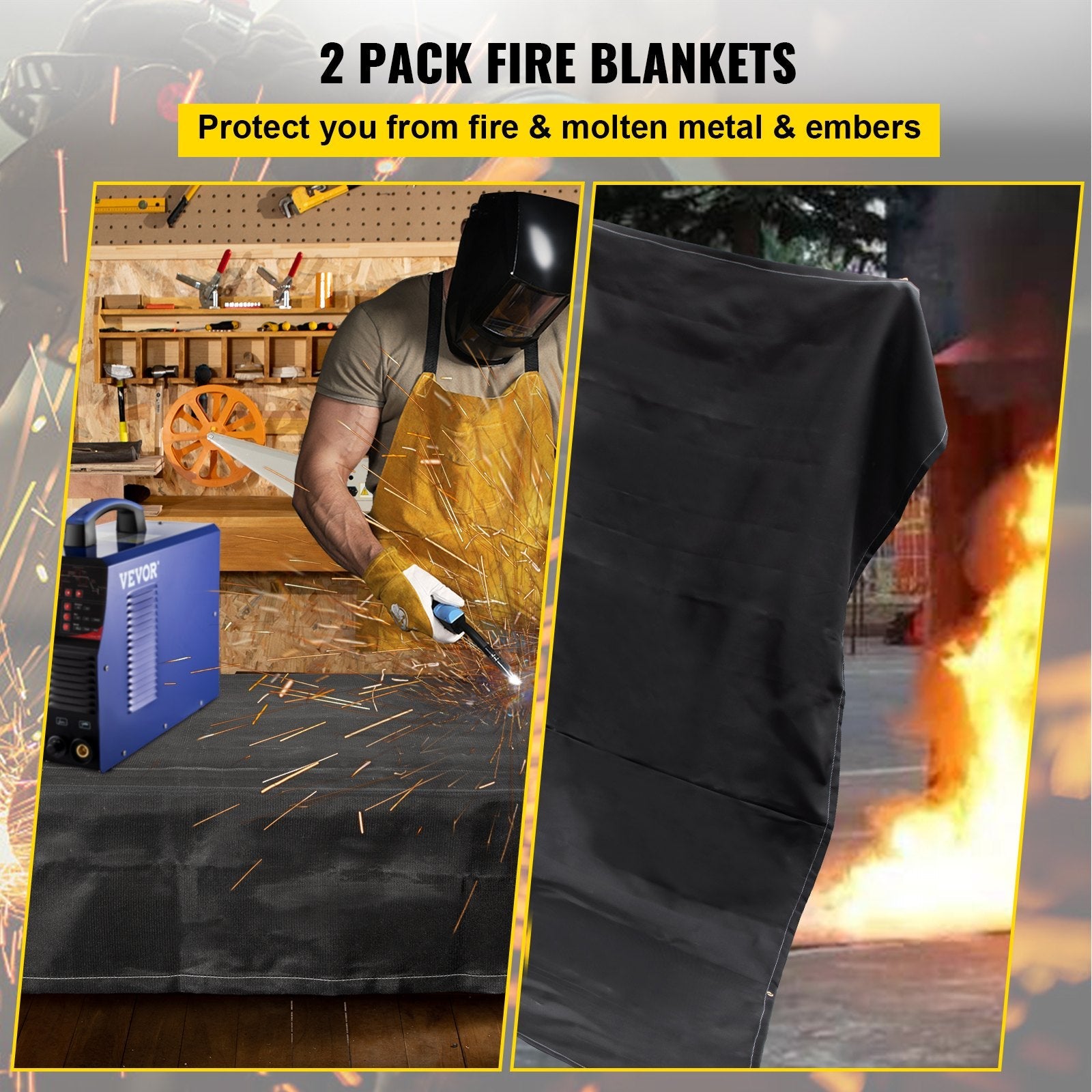 VEVOR Fire Blankets, 2 Pack Welding Blankets, 8' x 10'?Fire Suppression Blanket, 1022°F Flame Retardant Blanket, Black?Fire Emergency Blankets, Fiberglass Fire Retardant Blanket?with?12?Brass Grommets