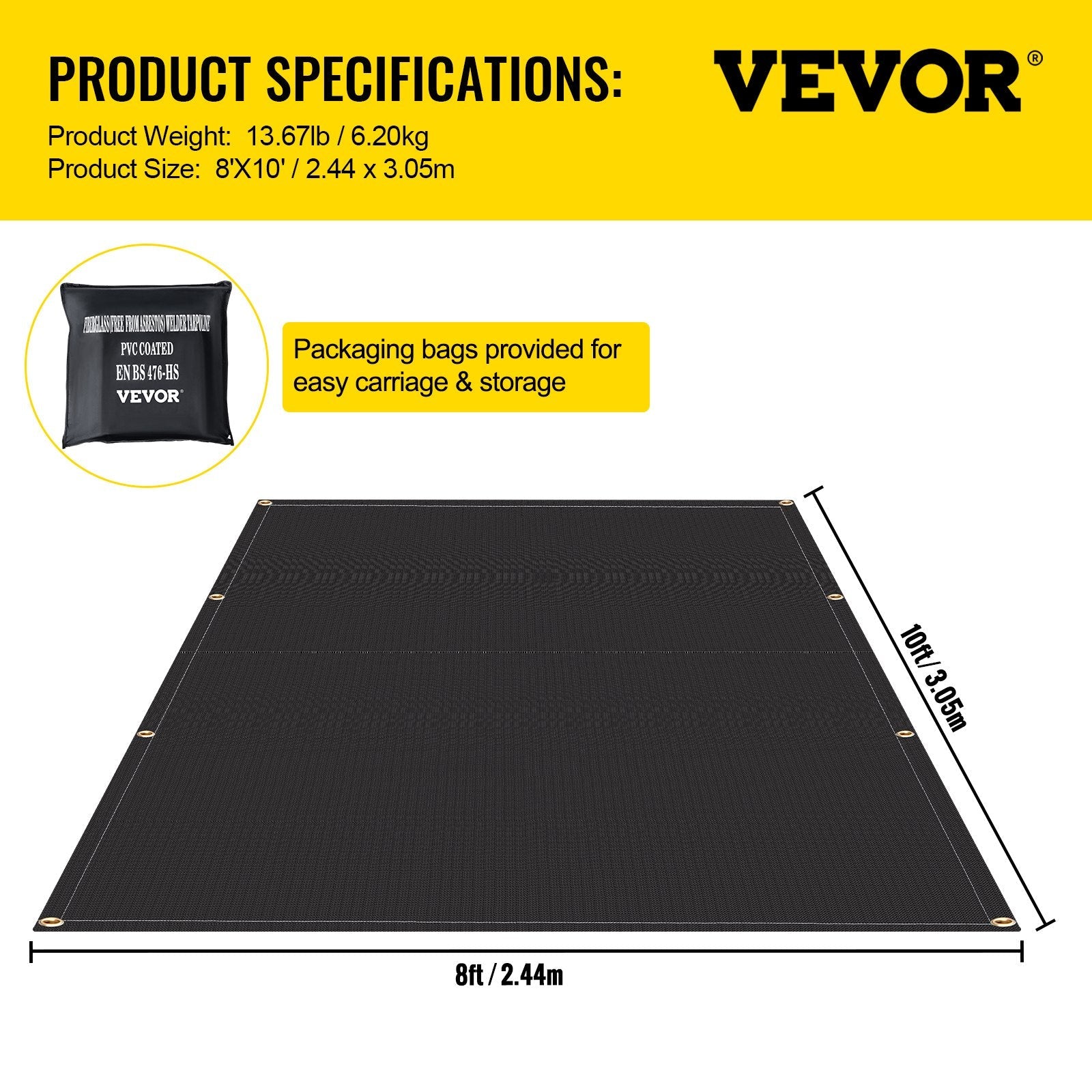 VEVOR Fire Blankets, 2 Pack Welding Blankets, 8' x 10'?Fire Suppression Blanket, 1022°F Flame Retardant Blanket, Black?Fire Emergency Blankets, Fiberglass Fire Retardant Blanket?with?12?Brass Grommets