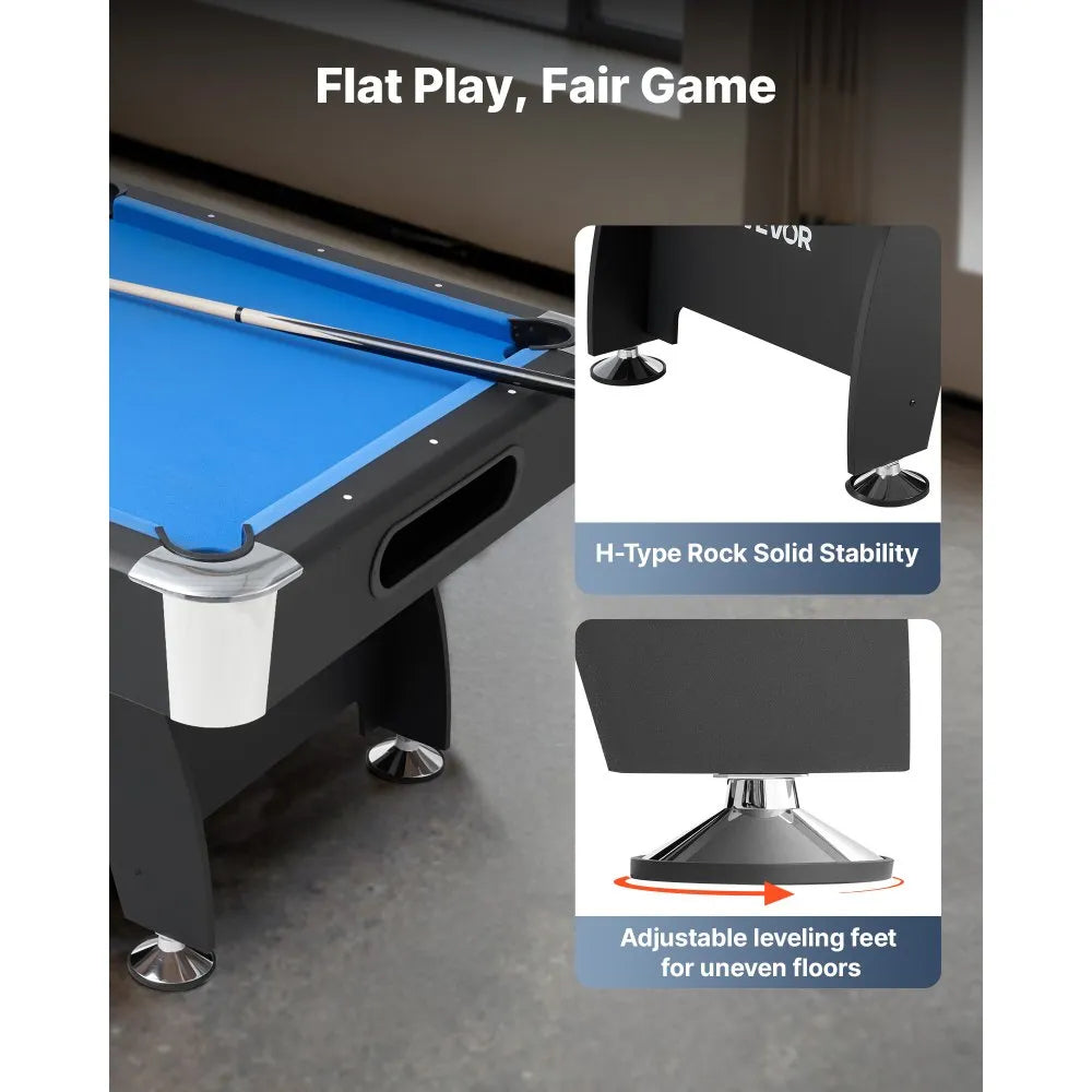 VEVOR Pool Table, 7 ft Portable Billiards Tables, Adjustable Feet Stable Game Table, Entertainment Set Includes Ball, Cue, Rack, Chalk and Brush, Black with Bule Cloth, for Family Use, Recreation Room