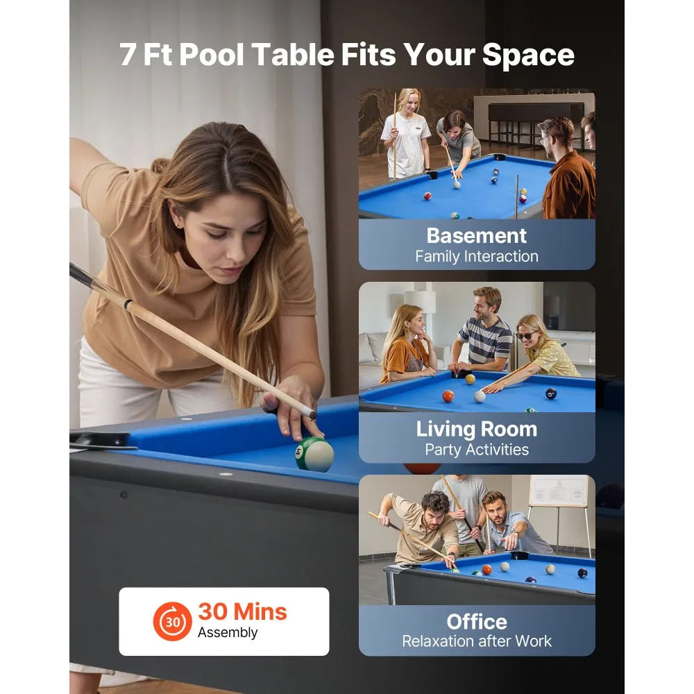 VEVOR Pool Table, 7 ft Portable Billiards Tables, Adjustable Feet Stable Game Table, Entertainment Set Includes Ball, Cue, Rack, Chalk and Brush, Black with Bule Cloth, for Family Use, Recreation Room